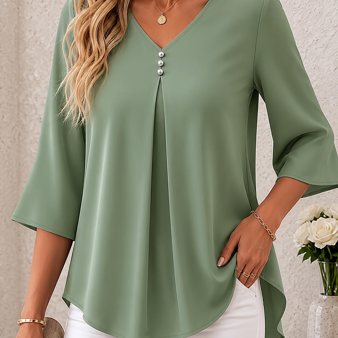 TEMU Chemisier d'été élégant pour femmes, col en V, boutons de perles, , nouveau modèle trois-, manches évasées, couleur unie