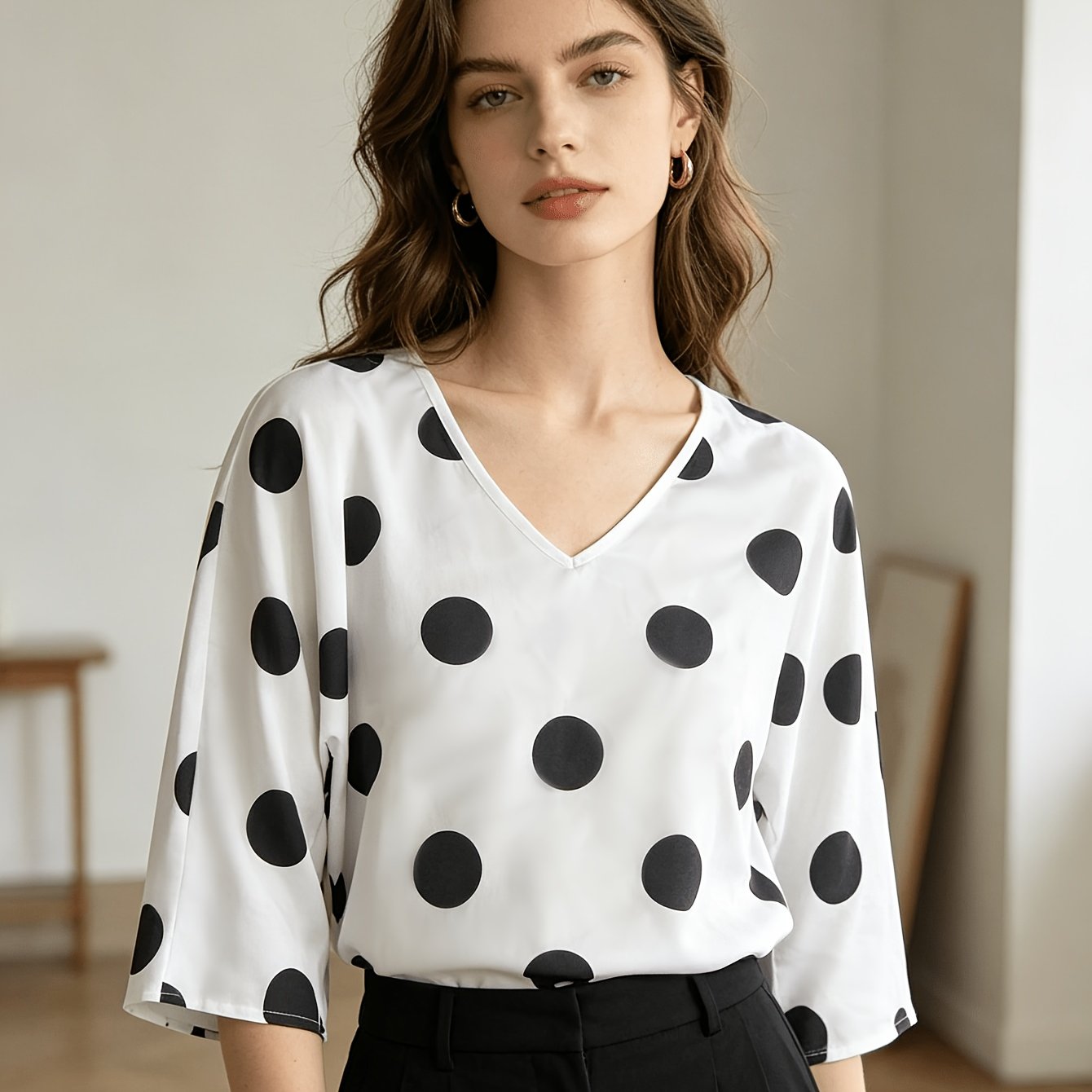 TEMU Women's Elegant V-neck White Shirt With Black Polka Dot Pattern, Summer Casual Blouse For Office And Vacation