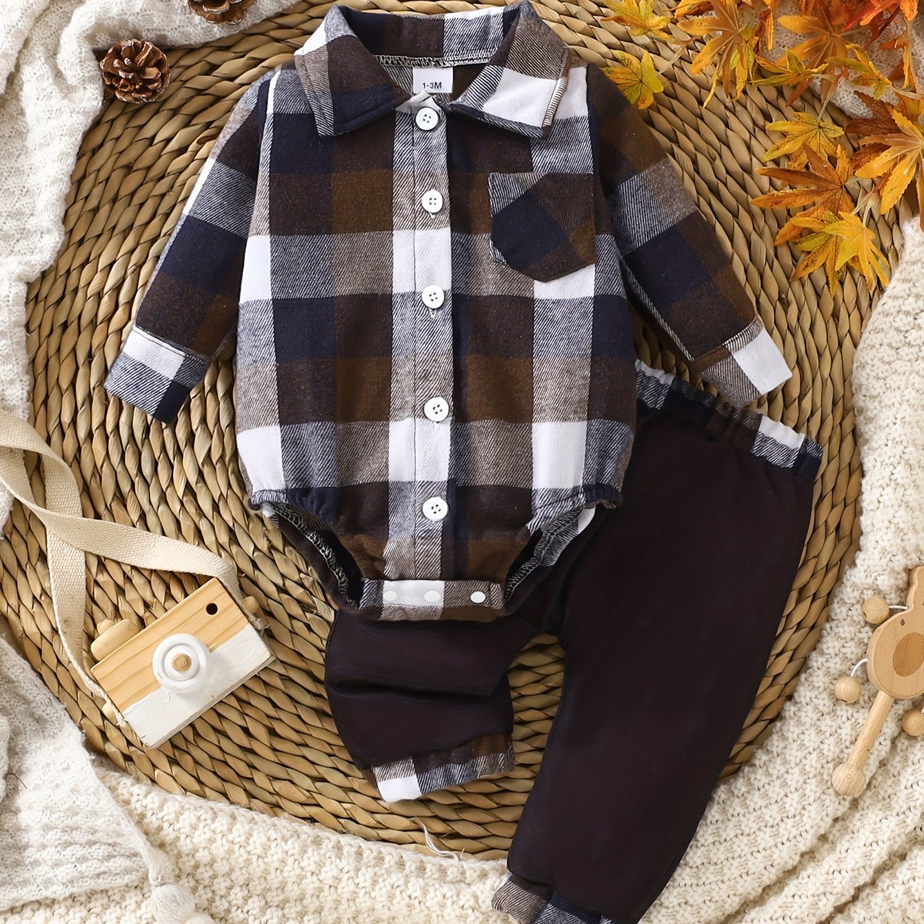 Image of 2pcs Boys' Cotton Lapel Collar Button-front Lapel Shirt & Pocket Pants - Winter Outfit, Long Sleeve Matching, Machine Washable Wear (suitable For Boys), Perfect For Outdoor
