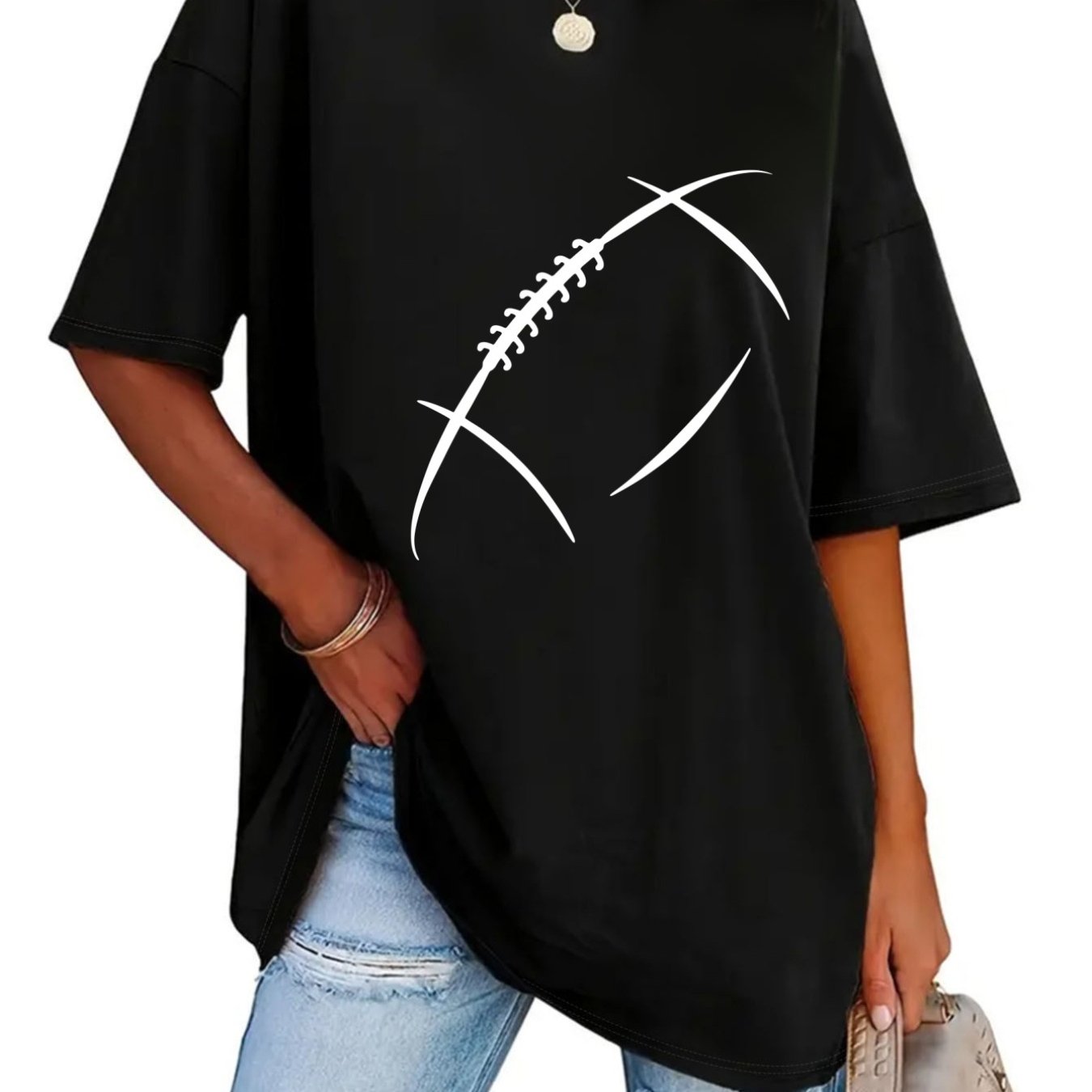 Image of Plus Size - Fashionable Round Neck T-shirt With Printed Pattern In Oversized Design