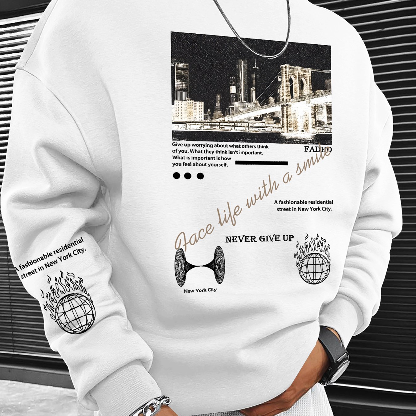 TEMU Men's Relaxed Neck Sweatshirt With " Cityscape" And Attitude Slogan Design, Suitable For Streetwear, Daily Commuting, And Social Gatherings,