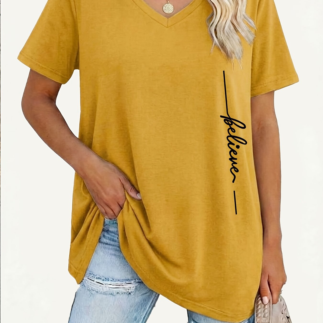 TEMU Plus Size Women V Neck T-shirt With English Lettering