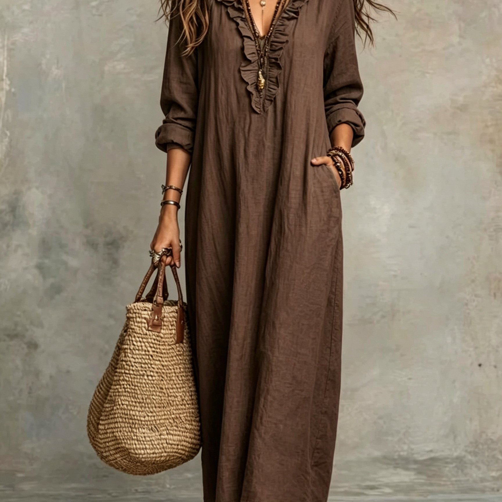TEMU Women's Bohemian -line Maxi Dress With Flutter Sleeves & V-neck - Flowy Skirt Dress Suitable For Casual Attire, Pockets, Hem, Loose Fit Long