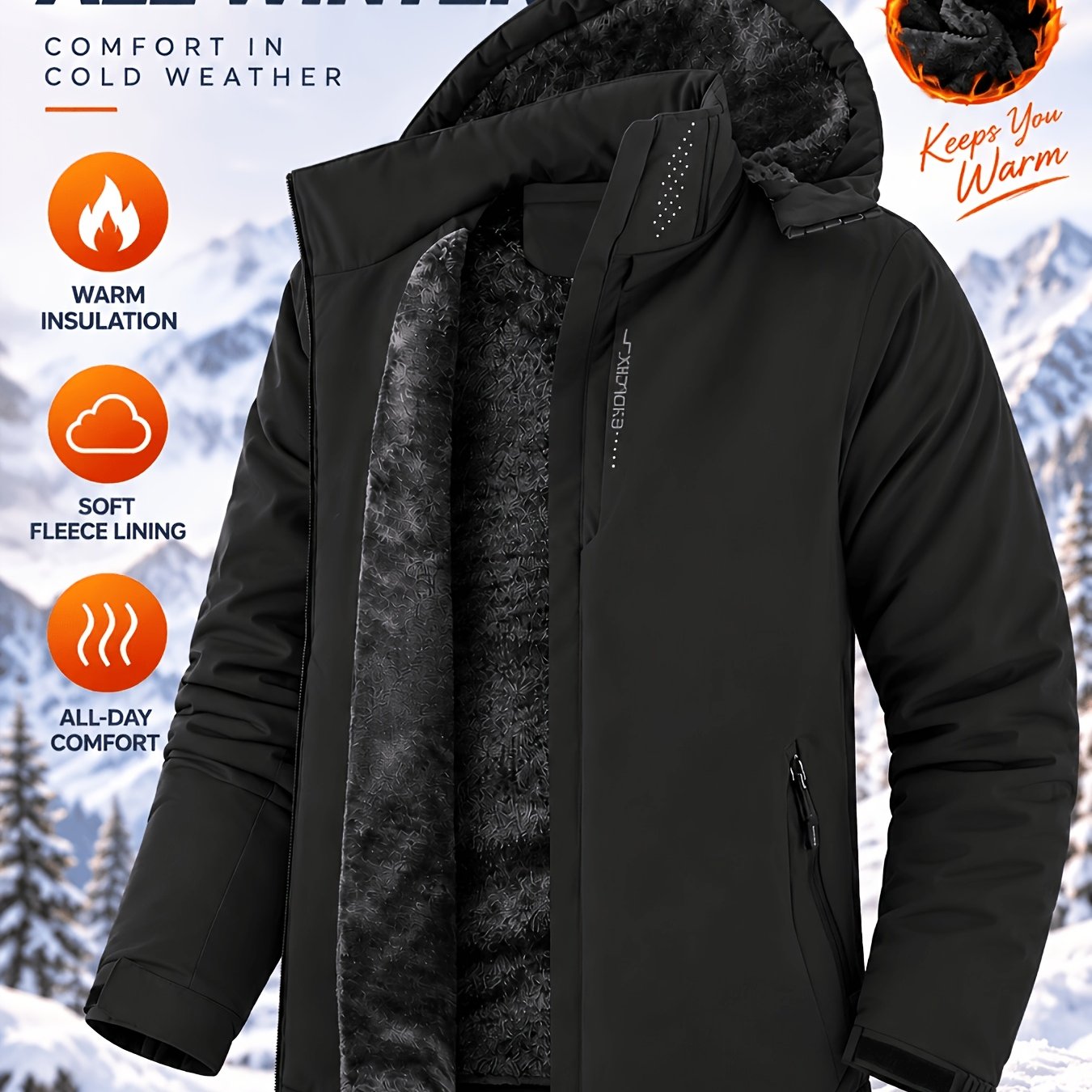 TEMU Men's Thickened Winter Jacket Windproof Hooded With Soft Lining, Zipper Front & Pockets, Loose Fit Cold-resistant Suitable For Outdoor Travel,