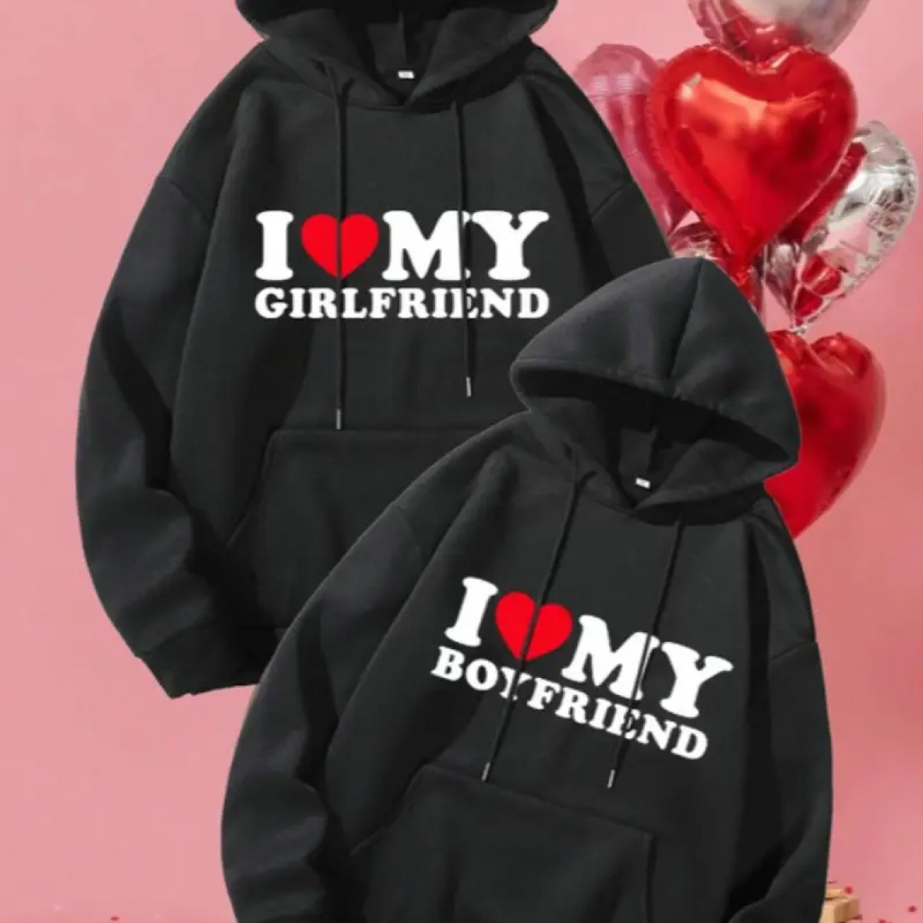 TEMU Ensemble de 2 sweat-shirts à capuche en polaire pour couple avec , motif géométrique, légère élasticité, coupe régulière, collection automne et