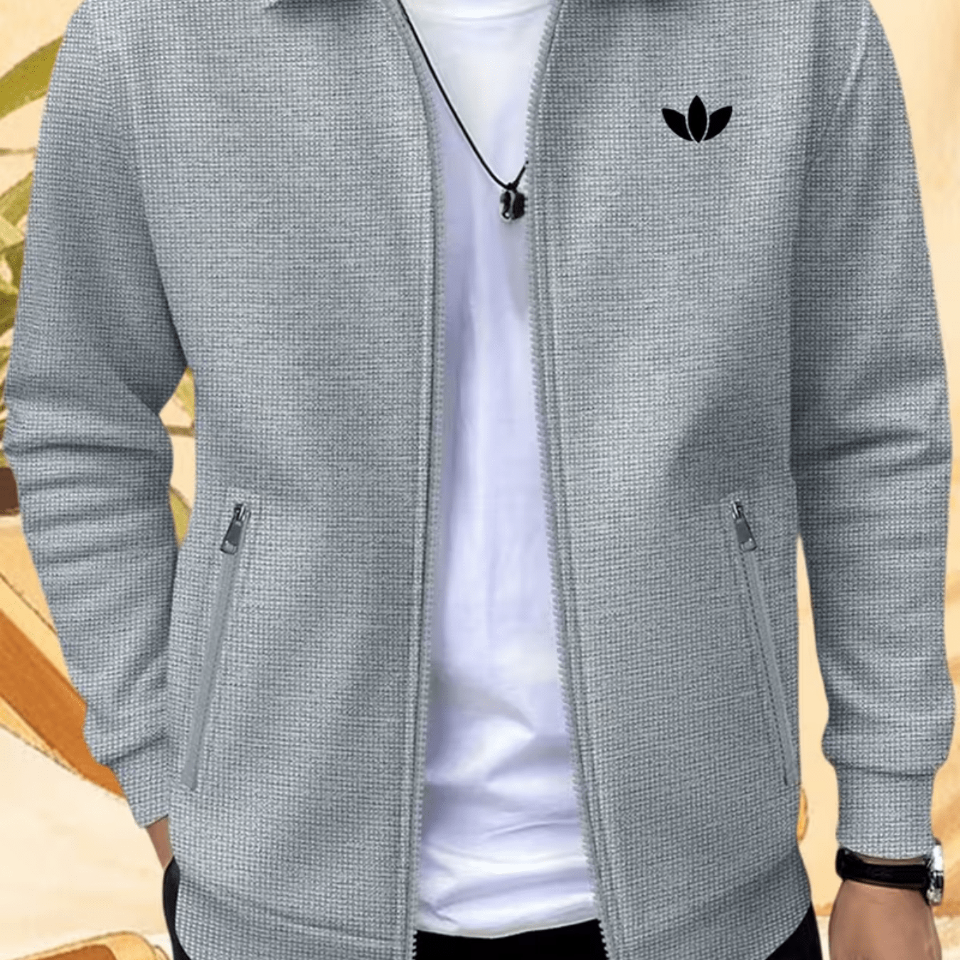 TEMU Men's Waffle Knit Lapel Jacket With Full Zipper And Zippered Pockets, Loose Fit Business Casual Top For Spring And Autumn