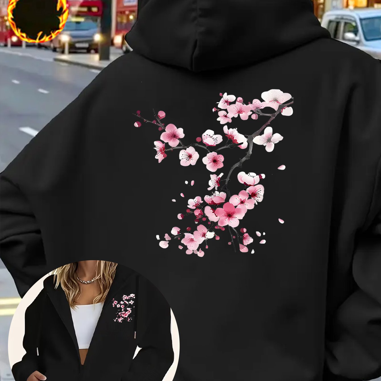 TEMU 1pc Women's Cherry Branch Pink Floral Double-sided 2d Printed Pattern Pocket Hooded Fleece-lined Zippered Sweatshirt Jacket Coat