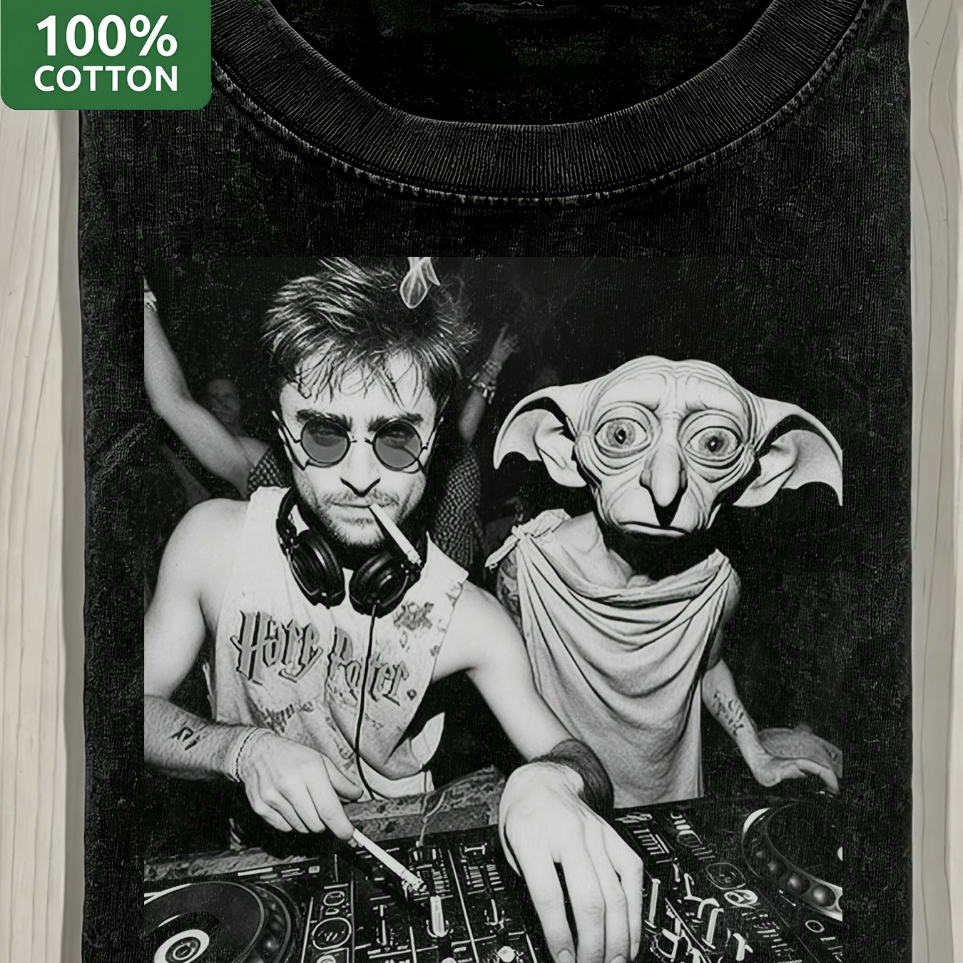 Image of Men's 270gsm Heavyweight Vintage Washed Harry Potter Dobby Dj Party Tee Funny Wizard Nightclub Rave Parody Design Short Sleeve Fashion