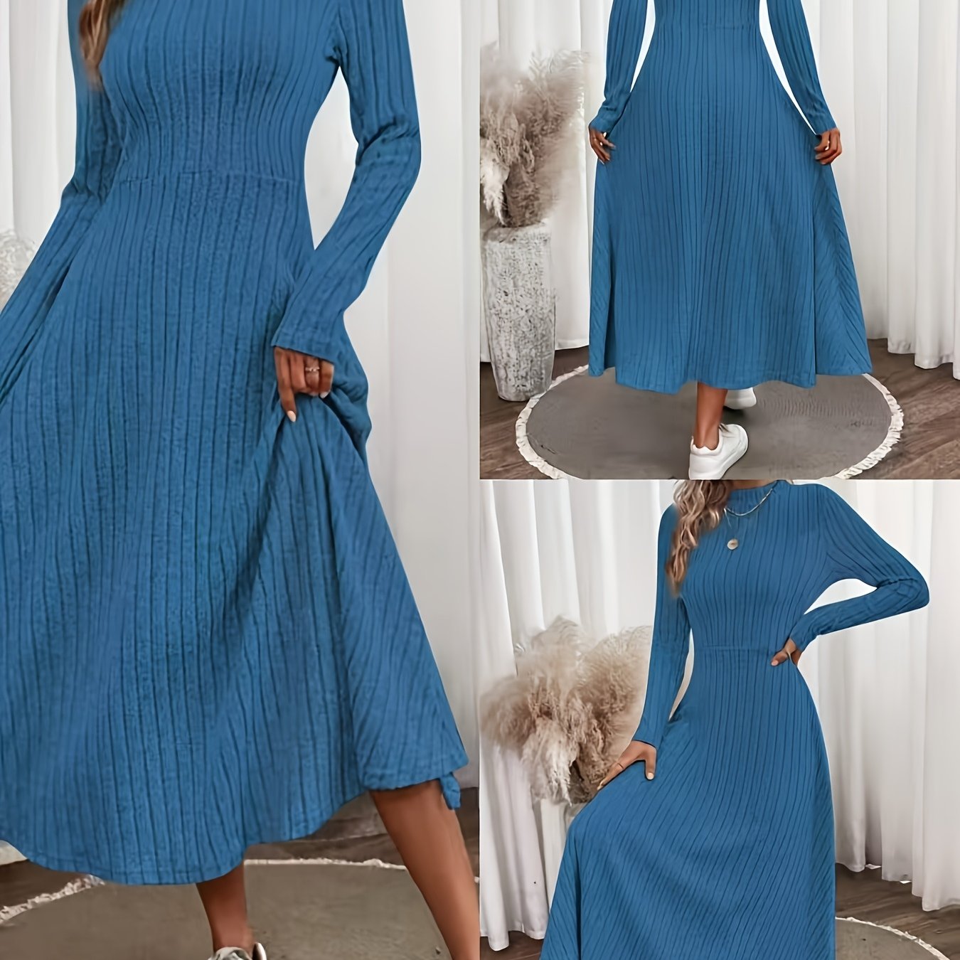 TEMU Western Women's Ribbed Mid-high Neck Long Dress, Long Sleeve Casual Solid Winter Women's Dress