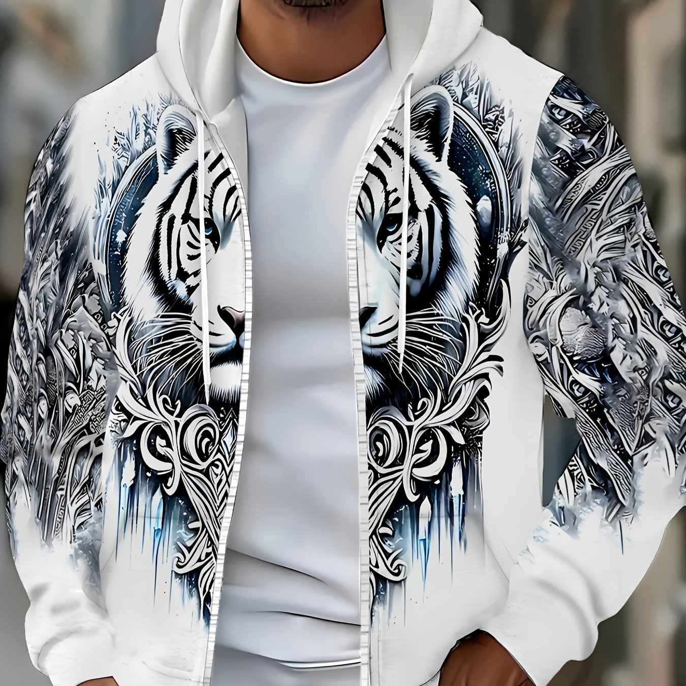 TEMU Tigerstreifen-Zip-Up-Hoodie für Herren - Lässige Polyesterjacke mit , maschinenwaschbar, ideal für Frühling und Herbst, große Größen