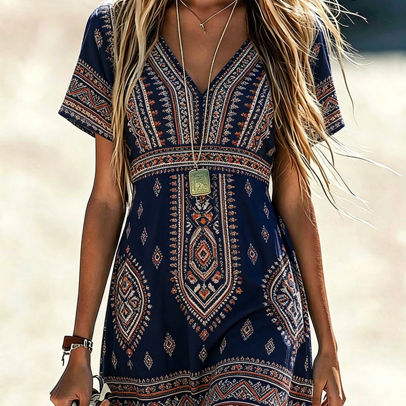 Image of Plus Size Women's Summer Boho Ethnic Geometric Print V-neck Short Sleeve A-line Mini Dress Slim Fit Casual Sundress Lightweight Summer Dress For Beach Vacation