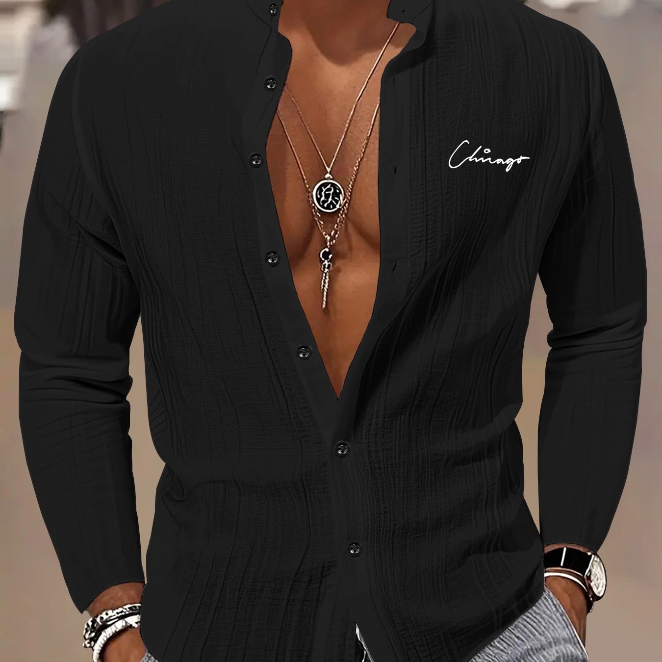 TEMU Men's Stand Collar Long Sleeve Shirt - Classic Button-up Formal And Casual Business Top | Machine Washable Office And Casual Shirt, Suitable For
