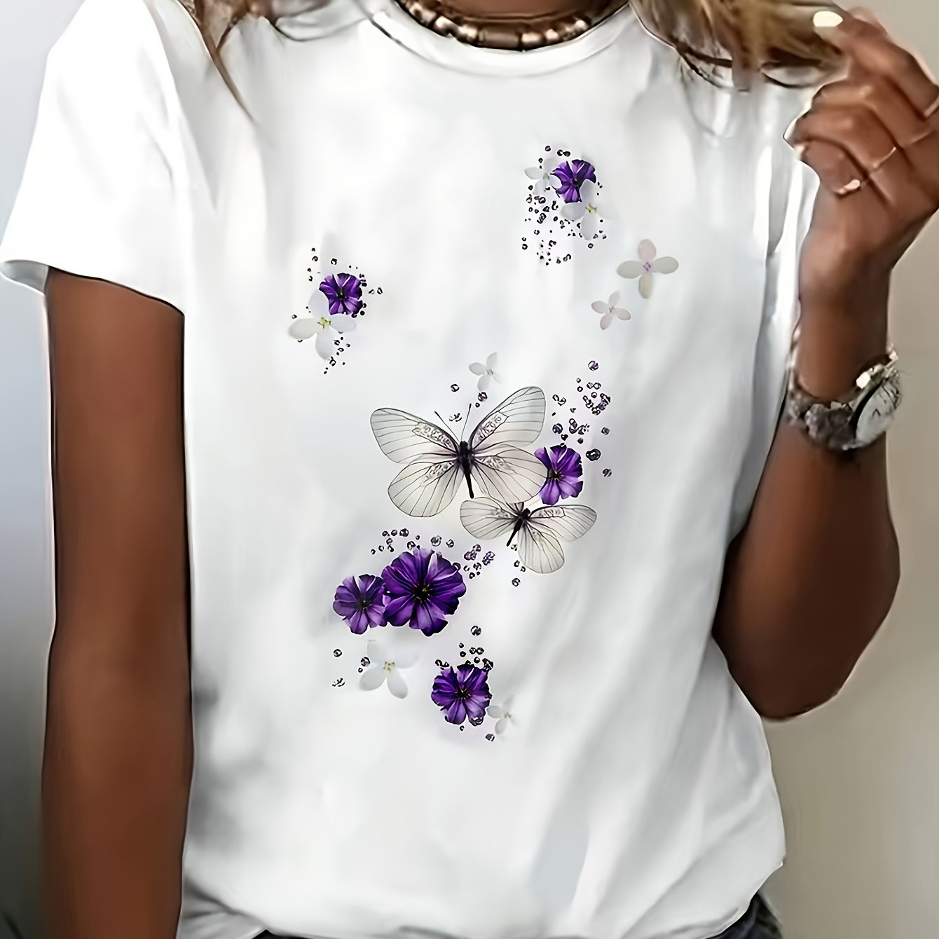 TEMU Casual Crew Neck Top For Women Featuring A Purple Floral And Design With Short Sleeves