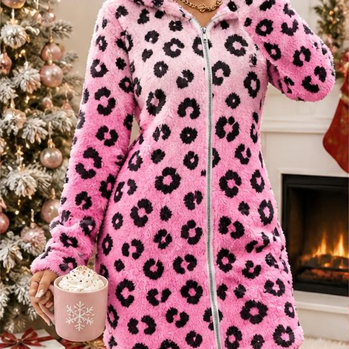 Image of Plus Size Women's Elegant Hooded Plush Lazy Zipper Nightgown/robe Pink Leopard Print Hooded Fleece Nightdress For Cozy Stylish And Cute, Warm For Autumn/winter