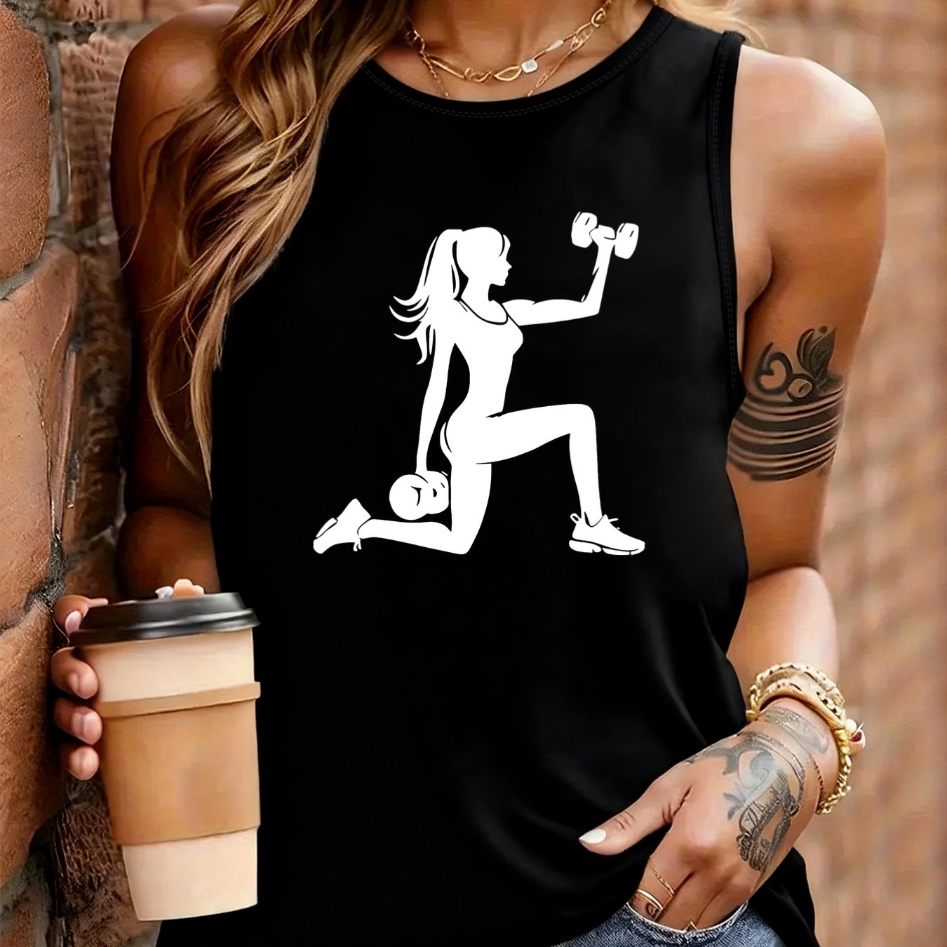TEMU One-piece Casual Elegant Women's Round Neck Sleeveless Vest, , Fitness Theme Print, Machine Washable, Wear, Essential For Home, , And Fitness