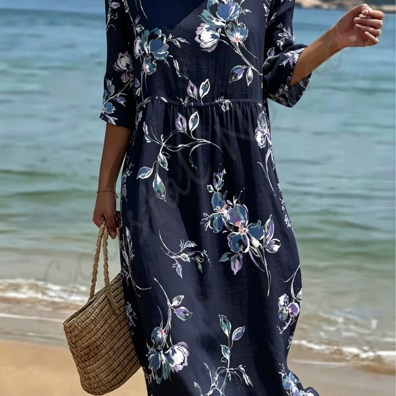 Women's Summer Beach Dress, Round Neck And Three-quarter Sleeves, Made Of Breathable And Skin-friendly Polyester Fabric, Loose And Comfortable, Floral Print, Elegant And Gentle .