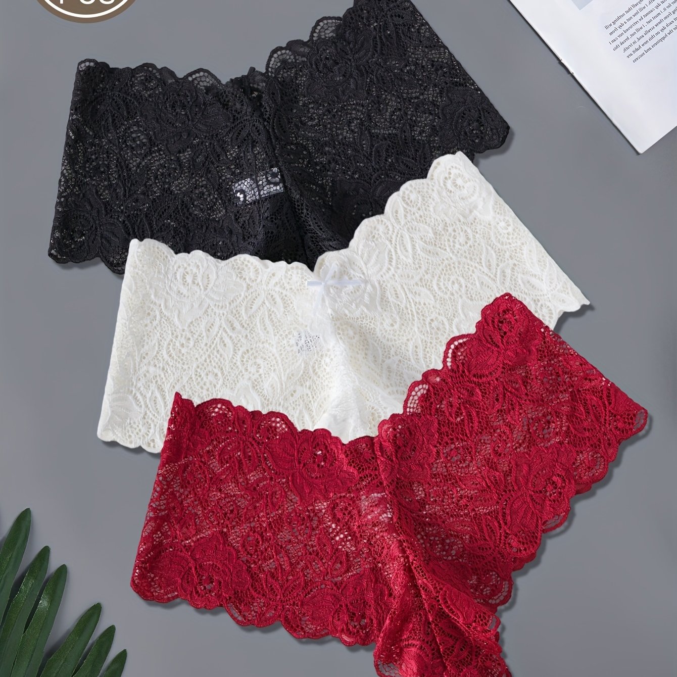 E-shop 3 Stück Halbtransparente Bestickte Blumen-Spitzenhöschen für Damen – Einfarbig, Lochmuster, Atmungsaktiv & Bequem Unterwäsche Dessous