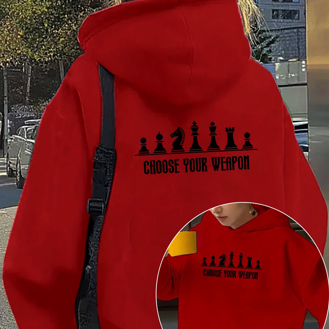 TEMU Single-pack Fashion Women's Elegant Y2k Style Chess "choose Your Front And Back Print -lined Hooded Sweatshirt, Long Sleeve Pullover Hoodie With