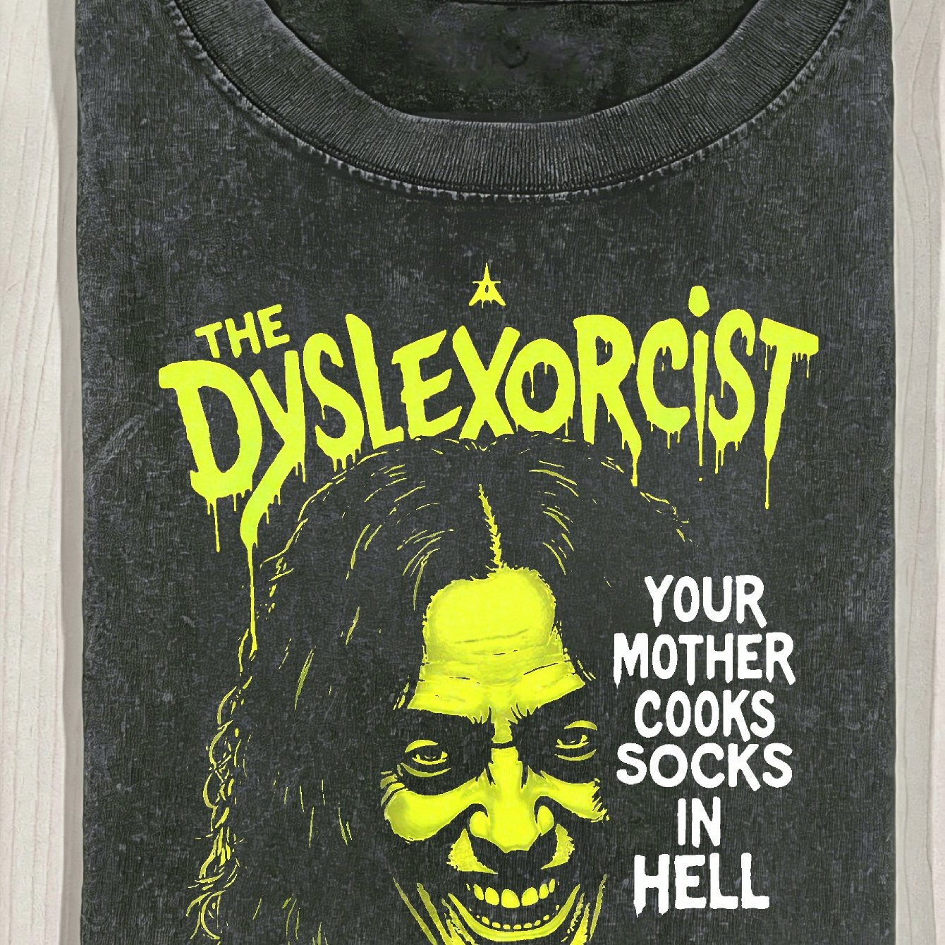 TEMU Men's Black Short-sleeve 230g Washed T-shirt With Yellow Head & "the Dyslexorcist Your Mother Cooks Socks In " Print - Spooky Gothic Graphic Tee
