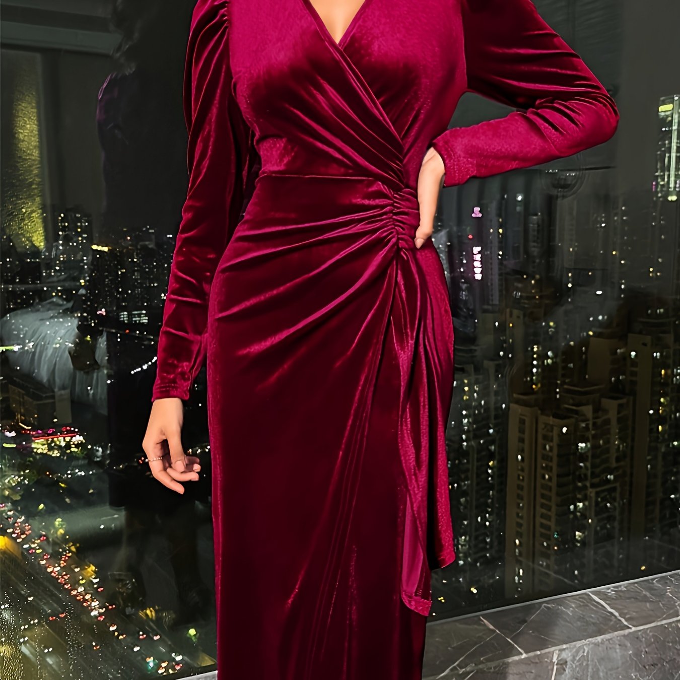 E-shop Midi-Kleid aus Samt, elegantes Damenpartykleid mit Schafsmanschetten, V-Ausschnitt, , schmal geschnittenes, mittellanges Kleid, Karnevalskostüm