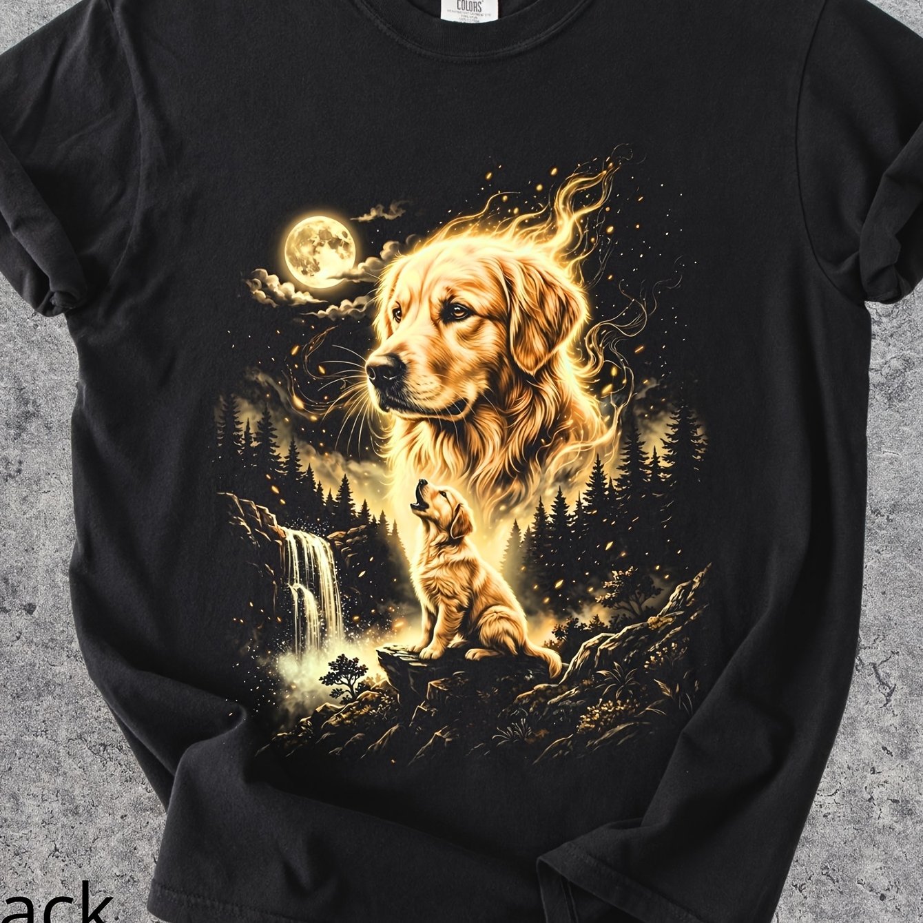 Image of Golden Retriever Moon Vintage 90s Retro Celestial Night For Boyfriend Men's T-shirt Round Neck 180g Top