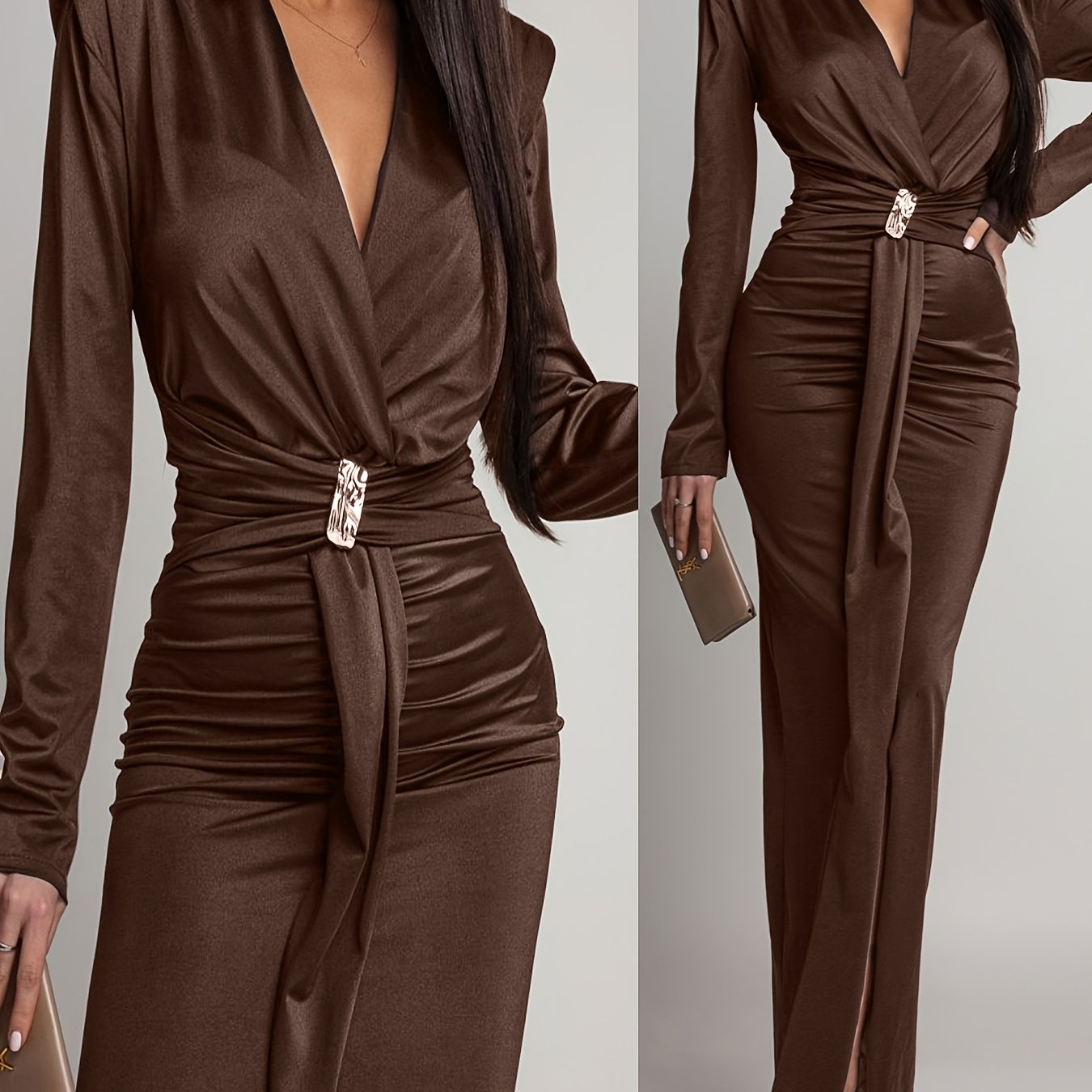 TEMU Elegant Women's Fashion Pleated Bodycon Slit Maxi Dress, V Neck Solid Color Long Sleeves Shoulder Pads, Perfect For Parties And Gatherings