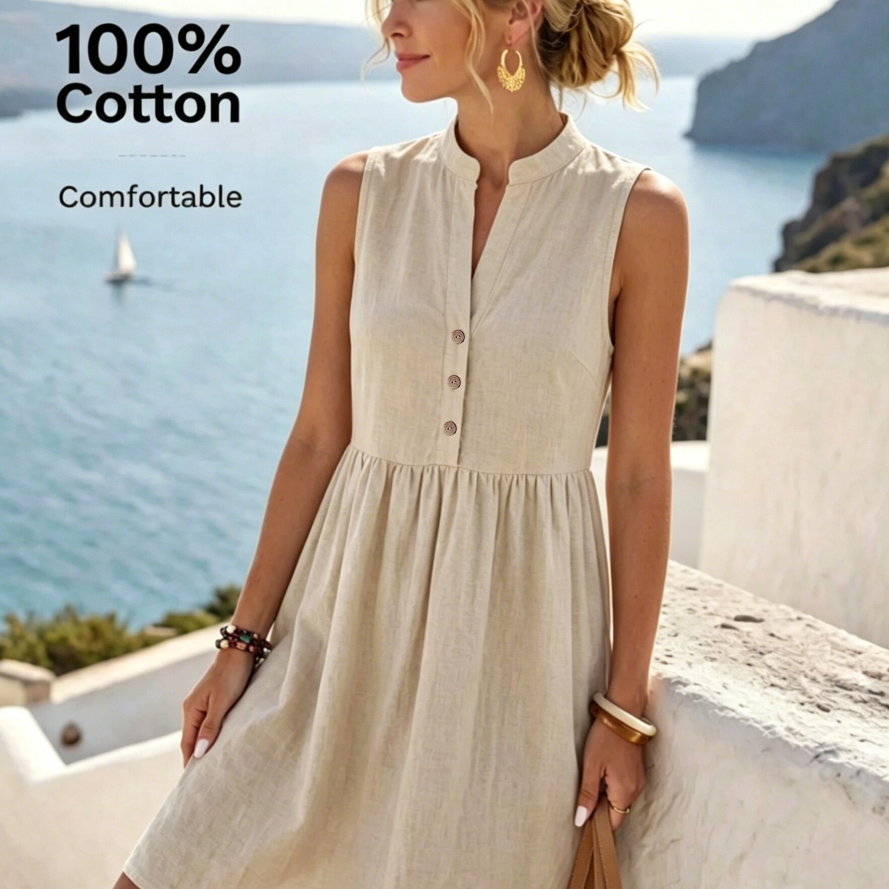 Image of Women's Summer Button-casual Sleeveless Dress, Suitable For Beach And Vacation Wear, Pure Material Women's Casual Dress, Summer Dress