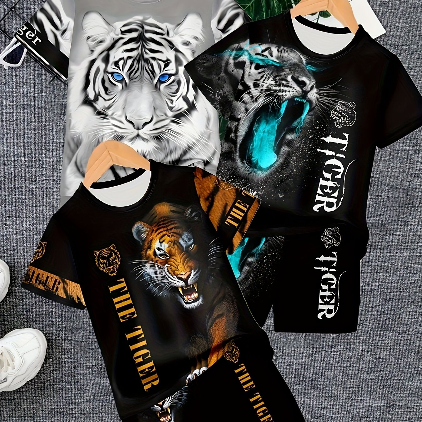 6pcs Set, Boys' Fashionable Casual Pullover Short Sleeve T-shirt And Shorts T-shirt Sweatshirt, Tiger Pattern Style, Boys' Outdoor T-shirt And Shorts Set, Perfect For Outdoor