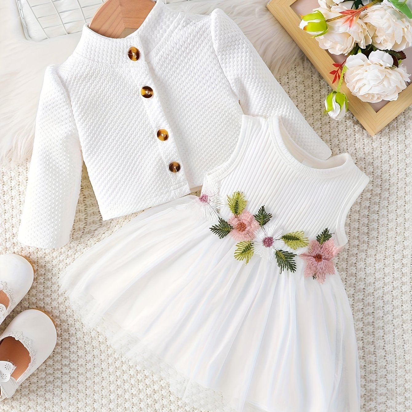 Image of Girls' Casual Floral Dress With Long Sleeve Jacket Skirt Set