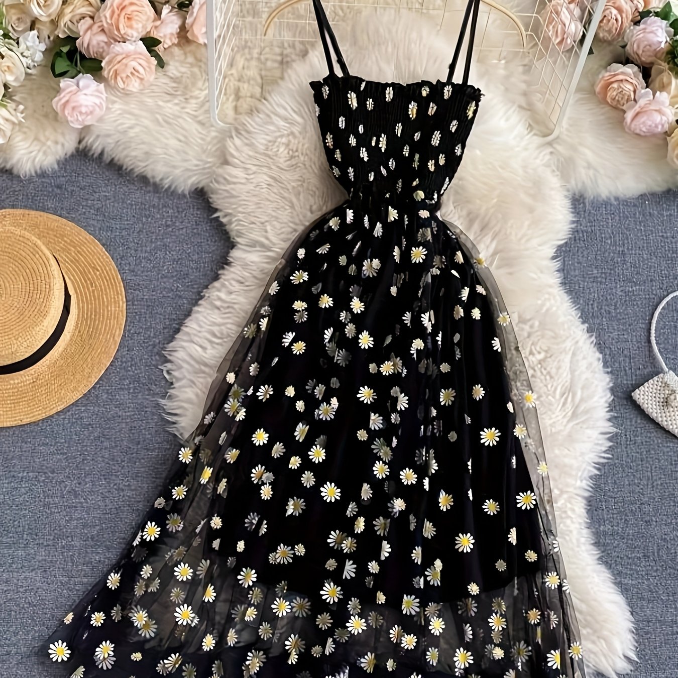 E-shop Frühlings-Sommer-Urlaub Freizeit Neues kleines Gänseblümchen Urlaub Cinched French Vintage Chiffon Cami Floral Kleid