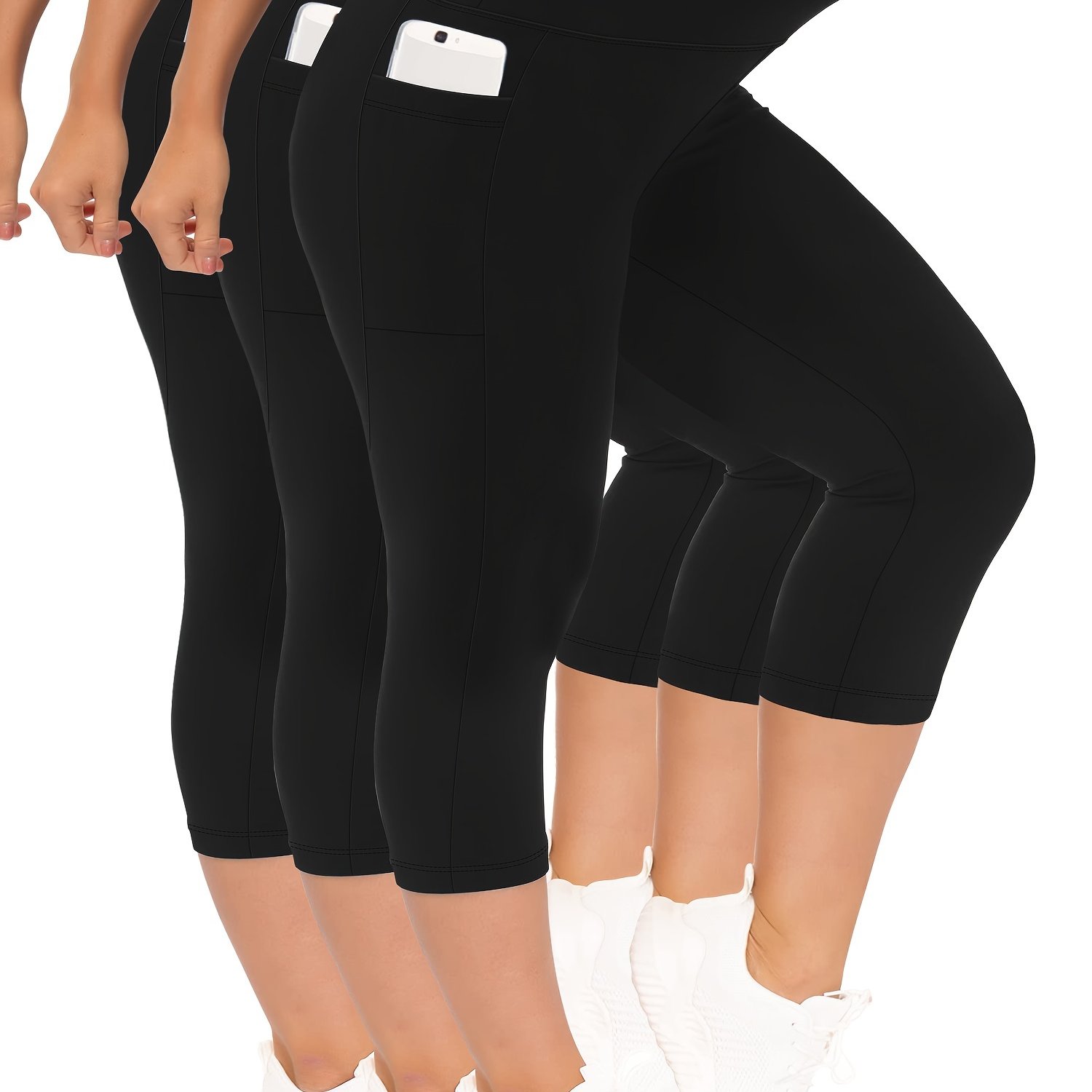 3 Pack Women's Plus Size Cropped Yoga Pants - 4x Stretch Tummy Control Lifting Design With Practical Side Pockets, Fabric, 88% Polyester 12% Spandex, Comfortable Shaping Leggings Set
