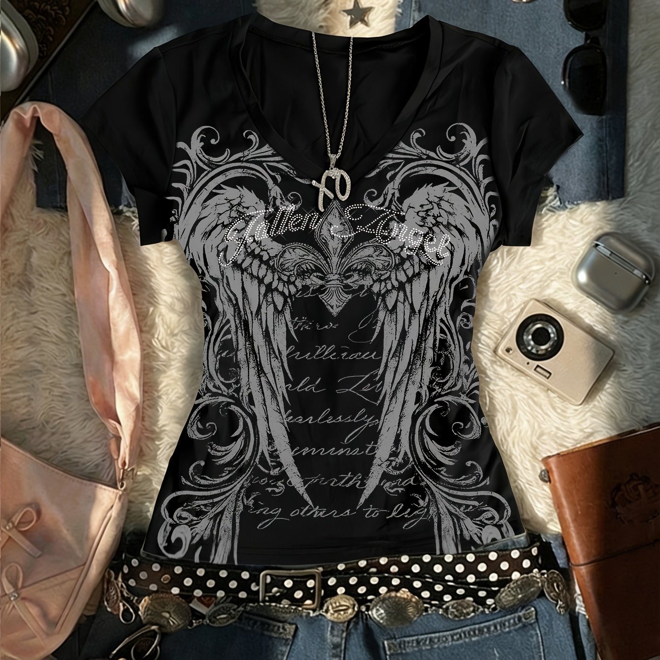 Gothic Wing Print V-neck Short Sleeve T-shirt | And Stylish, Versatile For , Perfect For Outfits