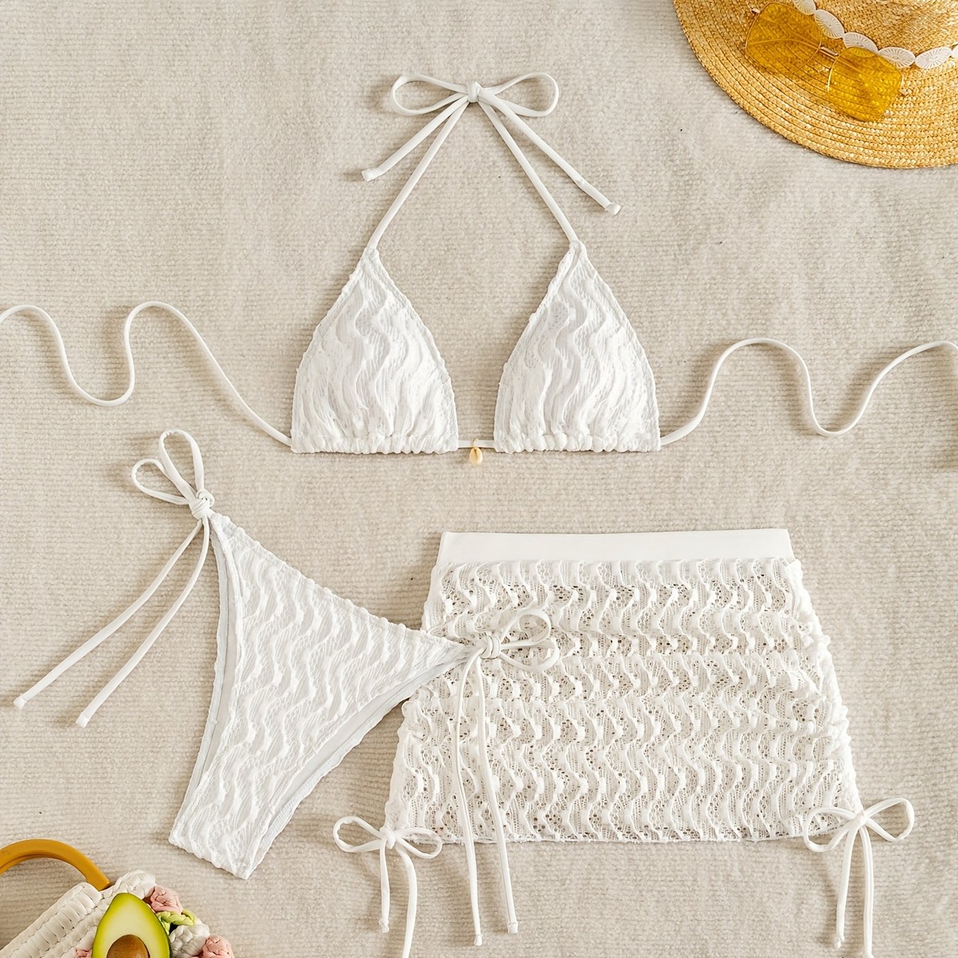 E-shop 2025 Neues Damen-Bikini-Set mit Halsband-Anhänger, 3-teilig, Chiffon-Wickelrock-Badeanzug