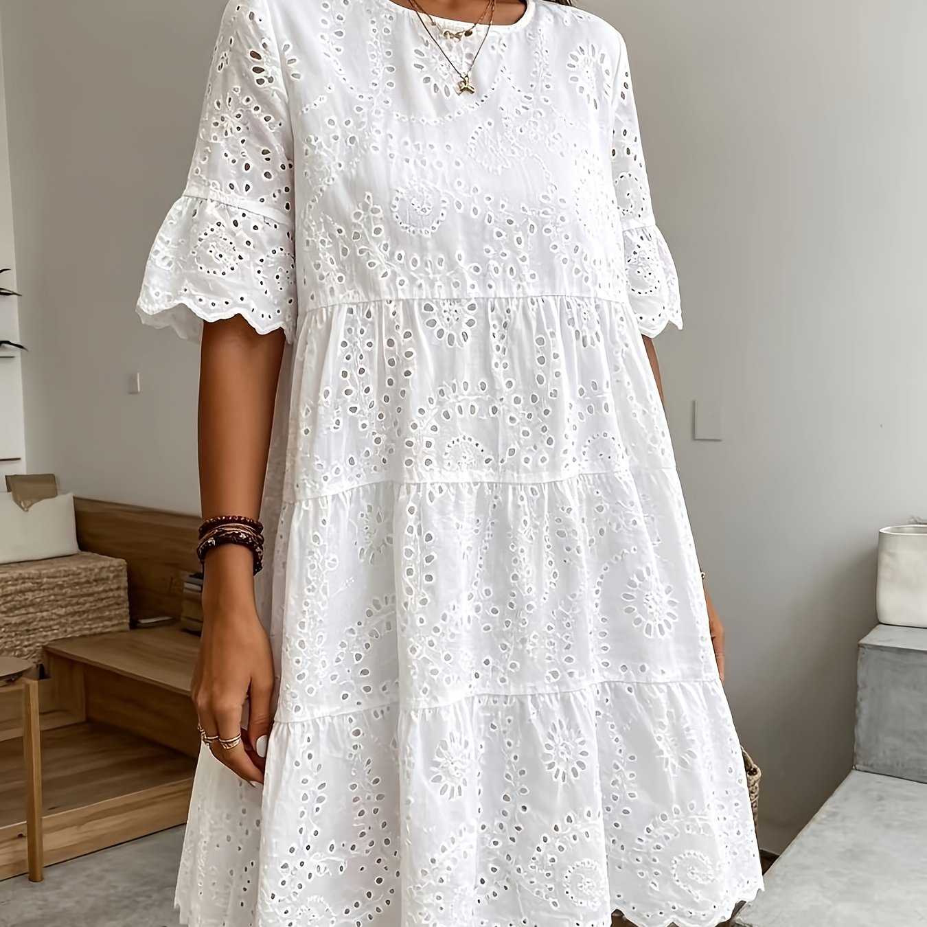 Rose Eyelet Round Neck Dress, Ruffle Hem Dress, Women's Spring/summer