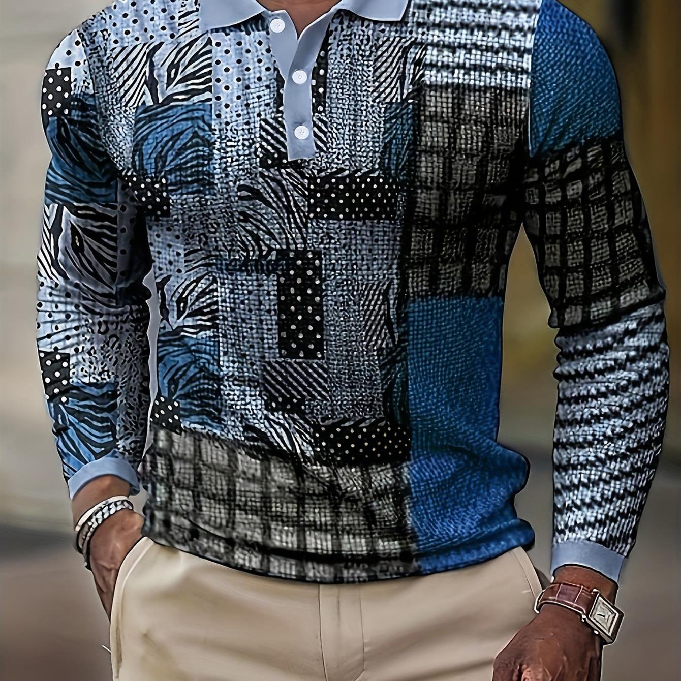TEMU Men's Casual Long Sleeve Shirt Blue Black White Abstract Geometric Pattern Polka Dot Print Daily Wear Fashion Streetwear Vacation Party Top