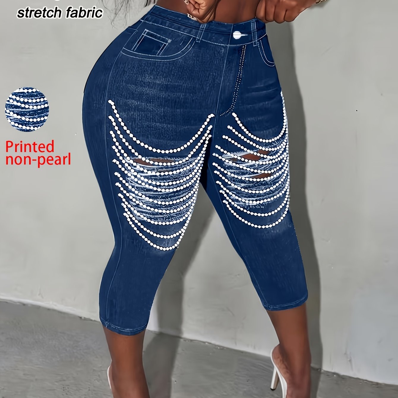 Plus Size, Women's Plus Size & Pearl Print Skinny Pants - Tight-fitting Trousers Suitable For - Wear, Machine Washable Non- Pants For Office, Casual, Everyday Outfits