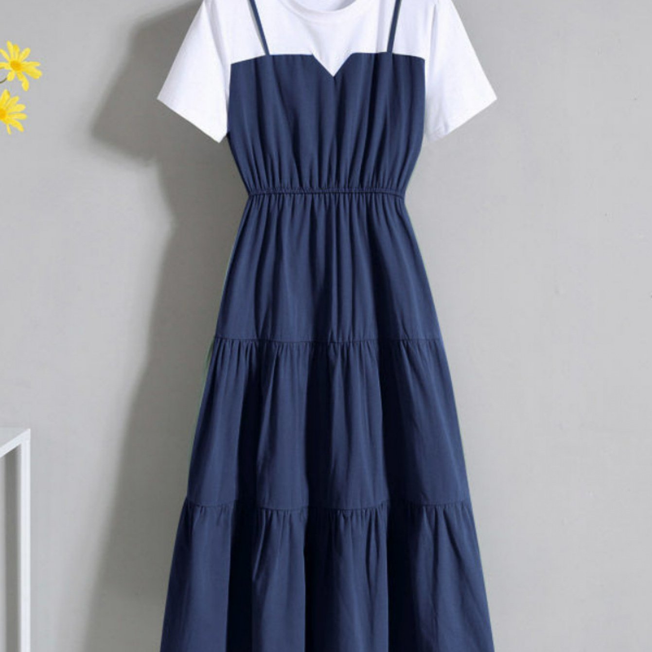 TEMU 【大きいサイズ】レディース ファッション サスペンダー フェイクツーピース ロングドレス、夏用 半袖 プラスサイズドレス