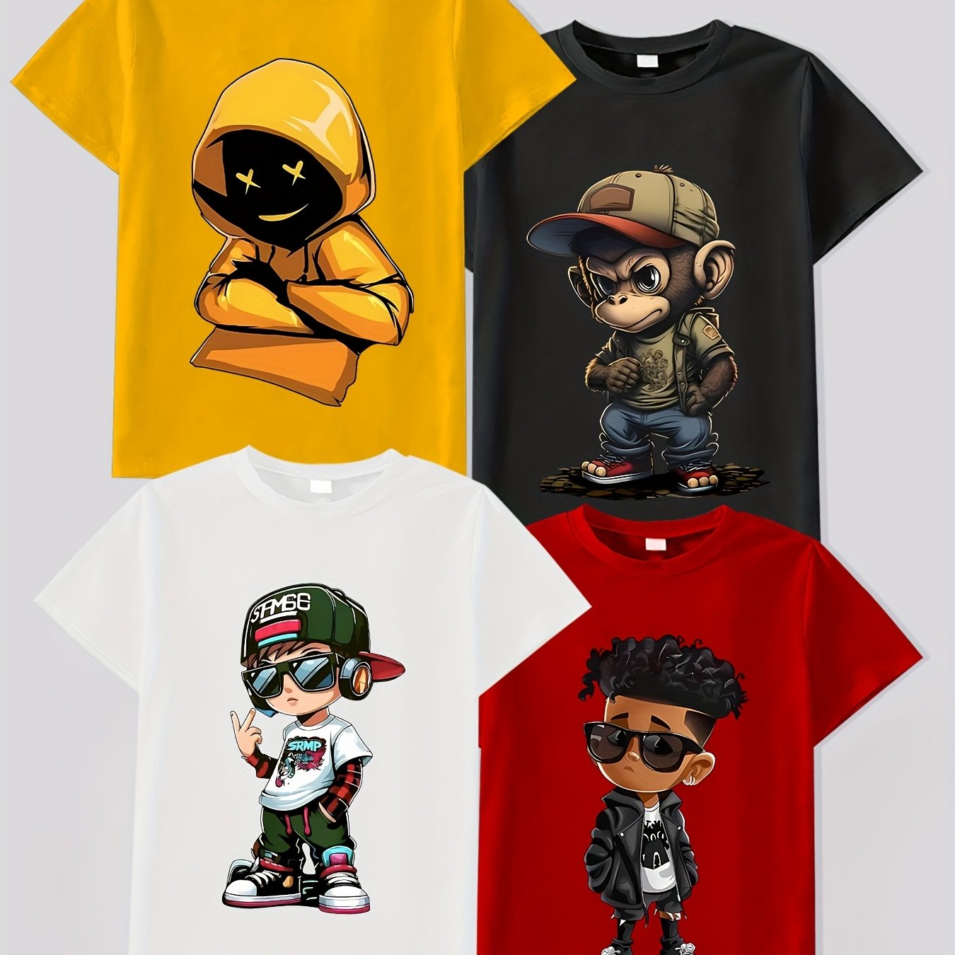 Image of [4-pc] Boys' Spring Summer Multi-style Cool Cartoon Print Fashion Short Sleeve T-shirts/casual Versatile Outerwear Base Layer/suitable For Mid-large Kids