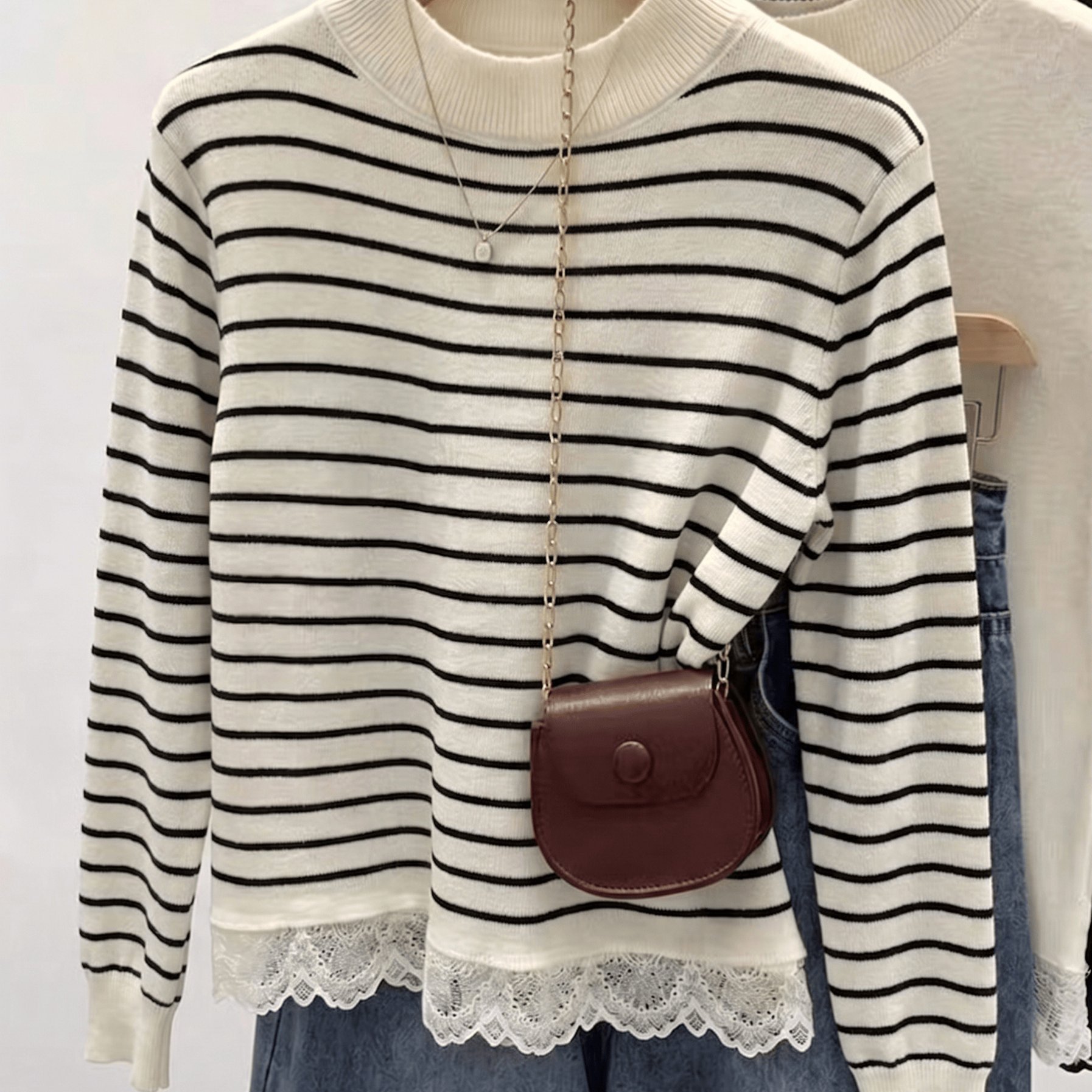 TEMU Women's French-korean Style Lace Trim Sweater - Striped Pullover Top With -line Silhouette, Round Neck -compatible For Dates, & Casual Attire