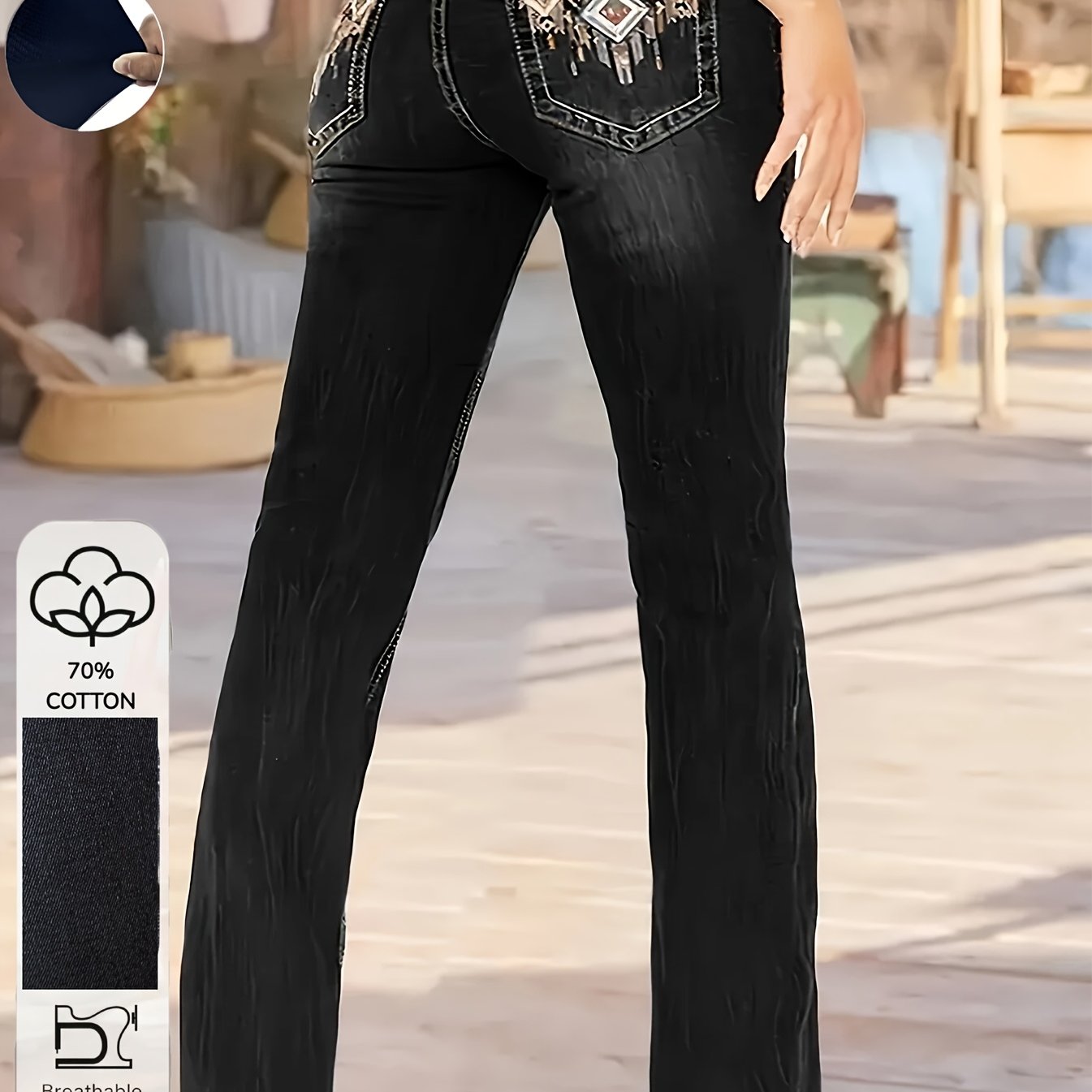 Image of Vintage-style Washed Flared Women's Mid-rise Stretch Denim Pants With Embroidered Detail Pockets And Frayed Hem