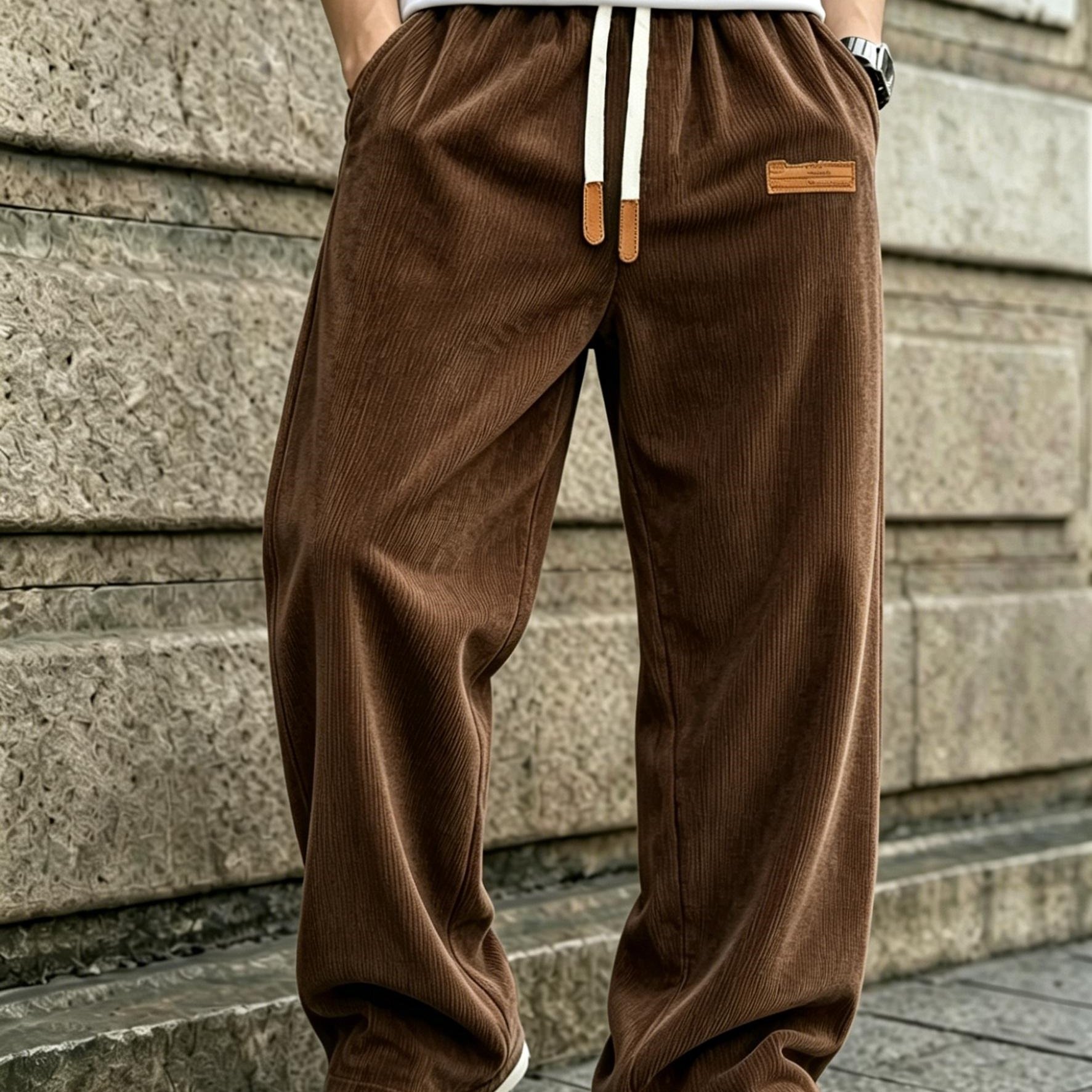 TEMU Premium Corduroy Pants For Men, Drawstring Casual Trousers, Trendy Straight-leg Pants, Commuter Versatile Casual Long