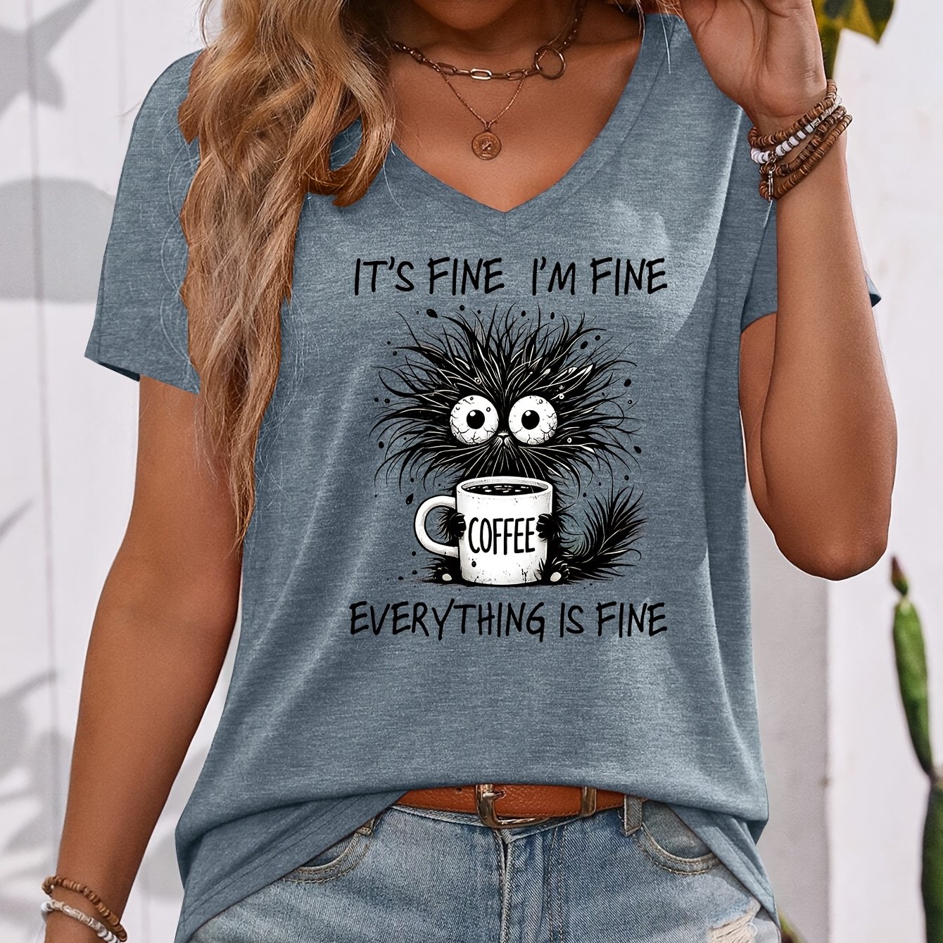 TEMU Cartoon-style Frizzy Cat Image, Holding A Coffee Cup, With The Slogan " Fine Everything Is Fine" Pattern Printed On Colored V-neck Short-sleeved