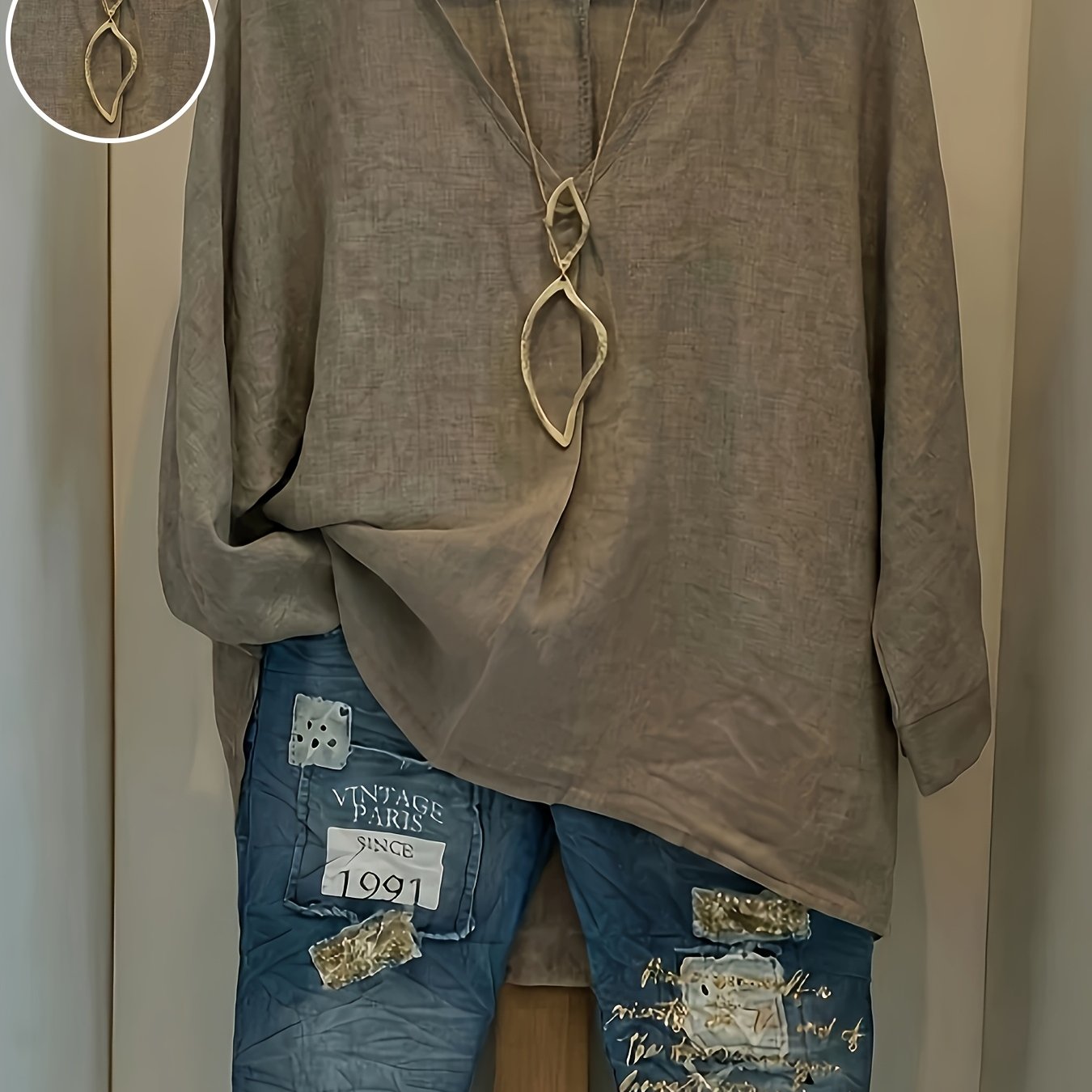 E-shop Elegantes Damen Leinenhemd im Urlaubsstil mit V-Ausschnitt, locker geschnittene, heruntergezogene Schultern, lässiger, atmungsaktiver und