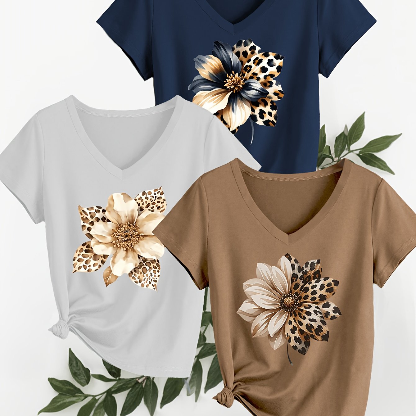 TEMU Three-pack V-neck Printed T-shirt Tops, Simple Leopard Print And Floral Print Women' Short Sleeve Tops