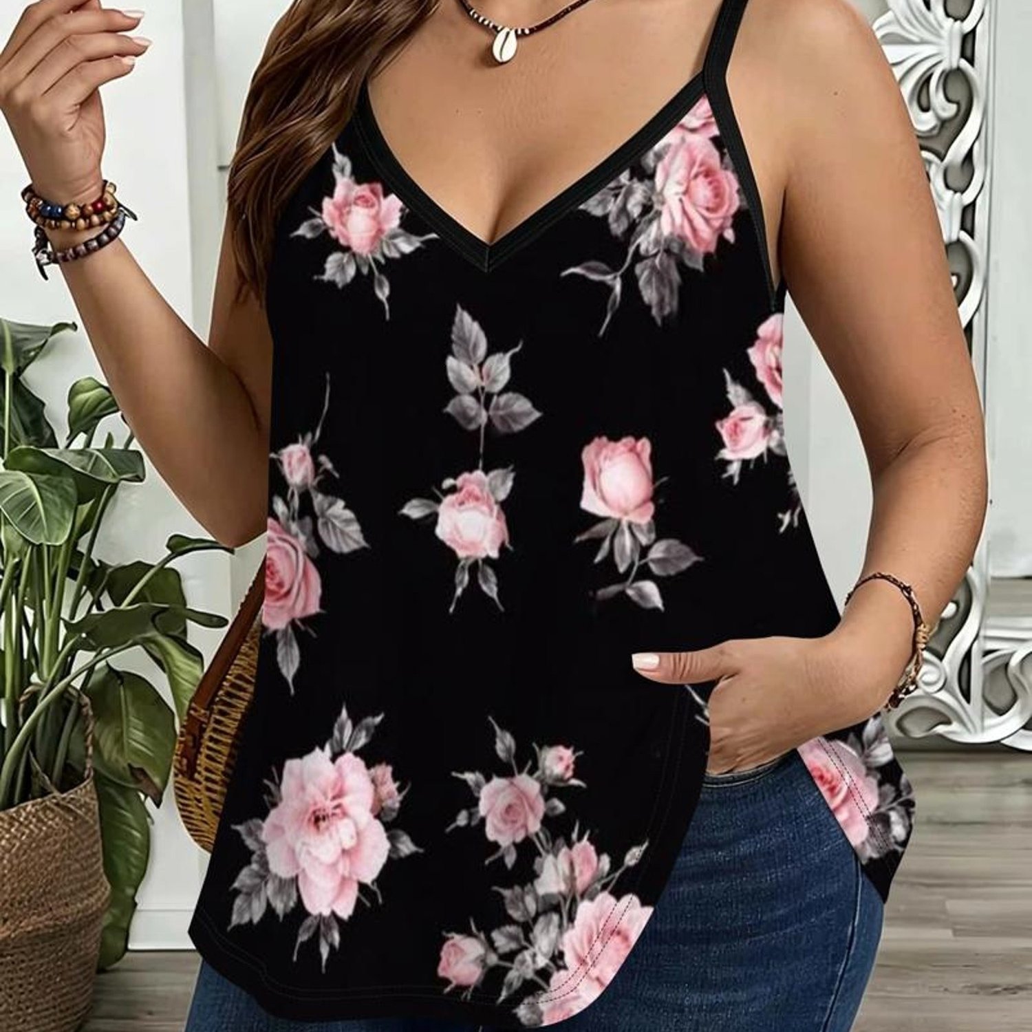 TEMU Plus Size Tank And Camisole, Mixed Colors, Multiple Specifications Available, Fabric, Floral Pattern, Soft And Decorative, For Women's Fashion,
