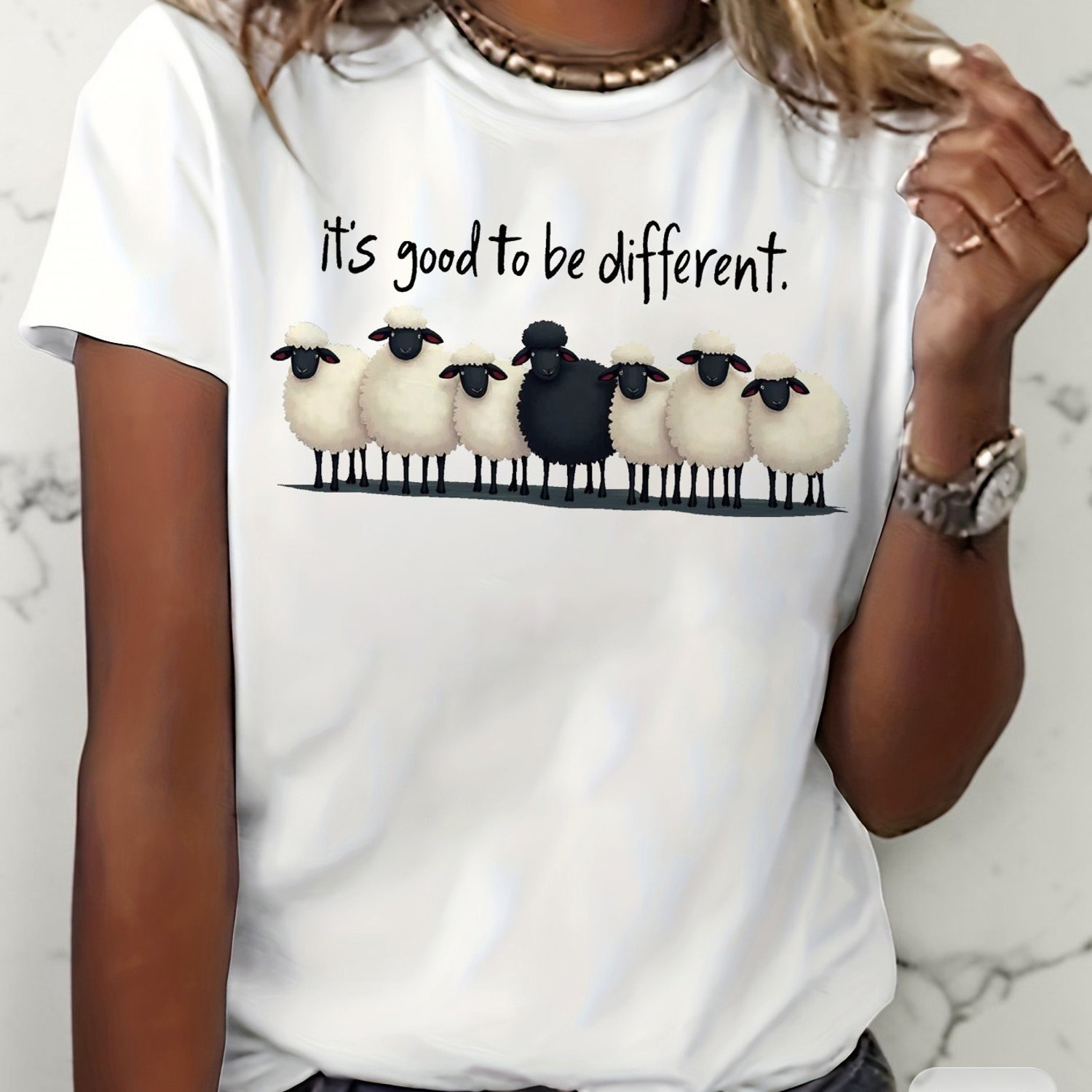 Image of Plus Size - Women's Graphic T-shirt " Different" With Black Sheep - Casual Short-sleeve Crew Neck Tee, Medium Stretch, Summer Wear & Layering, Non-blouse Style Top (machine Washable)