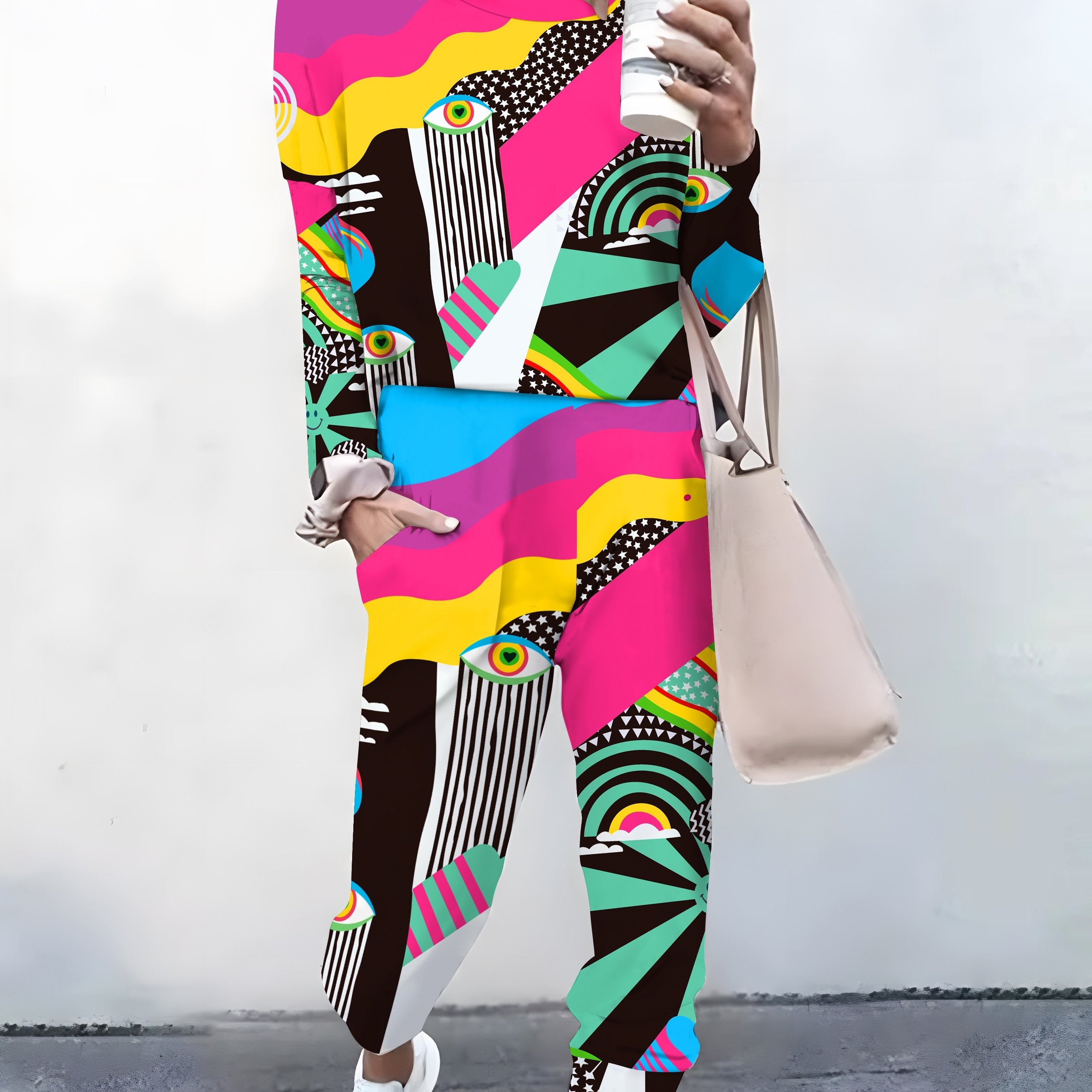 Women's Geometric Doodle Print Long Sleeve Casual Long Sleeve Pants Set