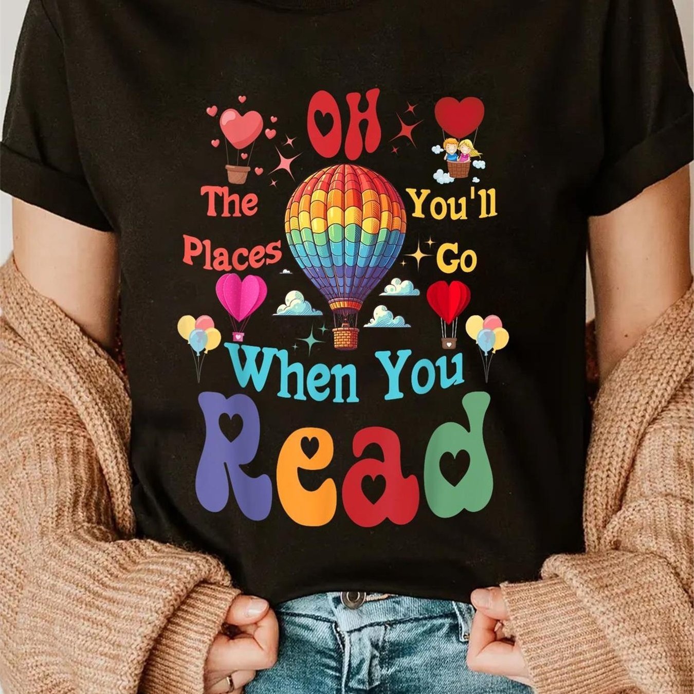 TEMU Oh The Places You'll Go! Graphic Featuring A Whimsical Hot Air In Black With A Round And S Casual Wear For Book Enthusiasts Ideal For Any