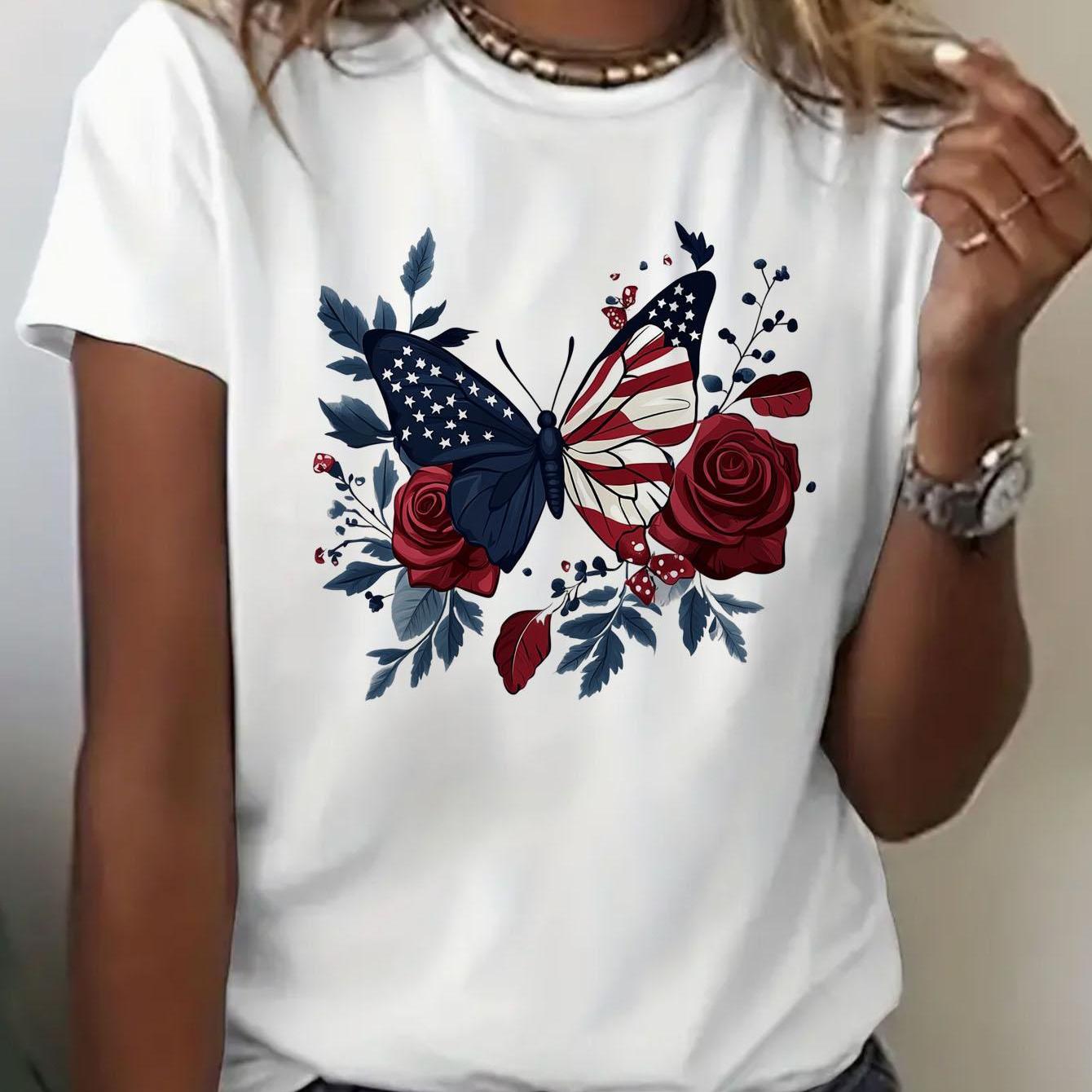 TEMU Womens Crew Neck Fashionable Heart Print T-shirt - Round Neck Casual Top - Lightweight & Breathable T Shirt For