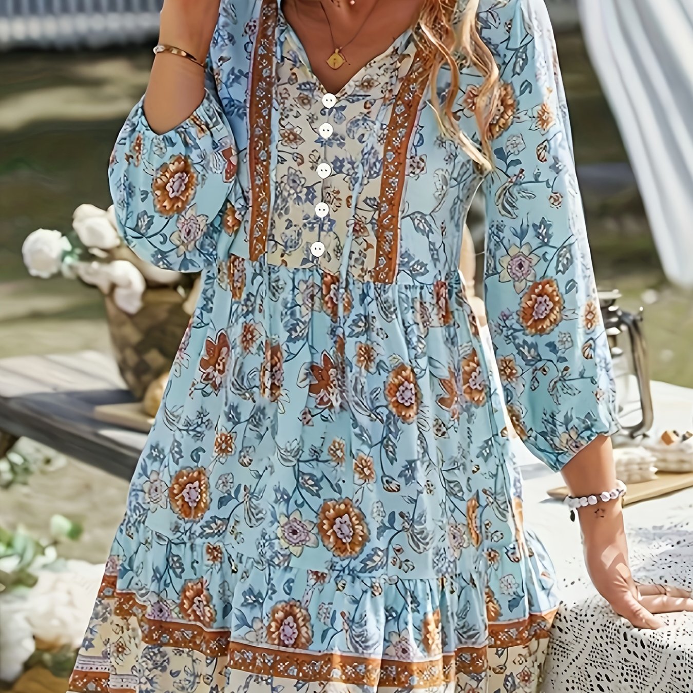 E-shop Elegantes Damen-Kleid im hawaiianischen böhmischen Stil für Sommer Herbst, Strandurlaub mit tropischem Aufdruck, V-Ausschnitt mit Knopfleiste,